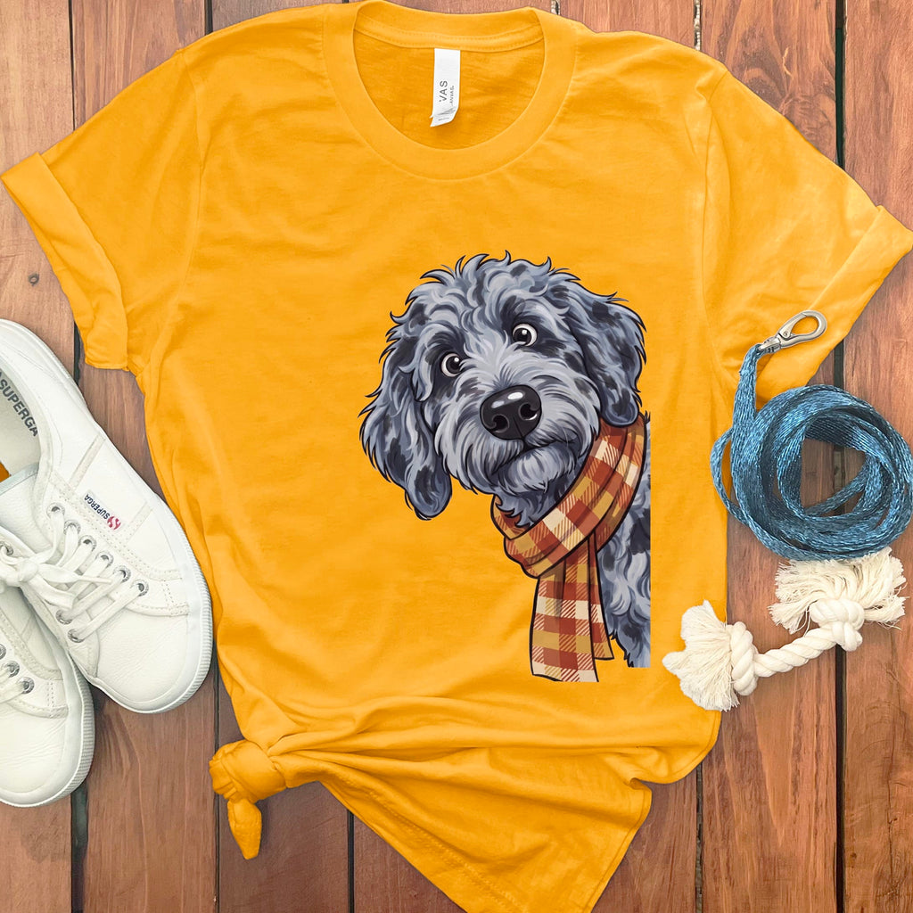 Fall Plaid Merle Goldendoodle T-Shirt in Gold / S by Puppy Jo