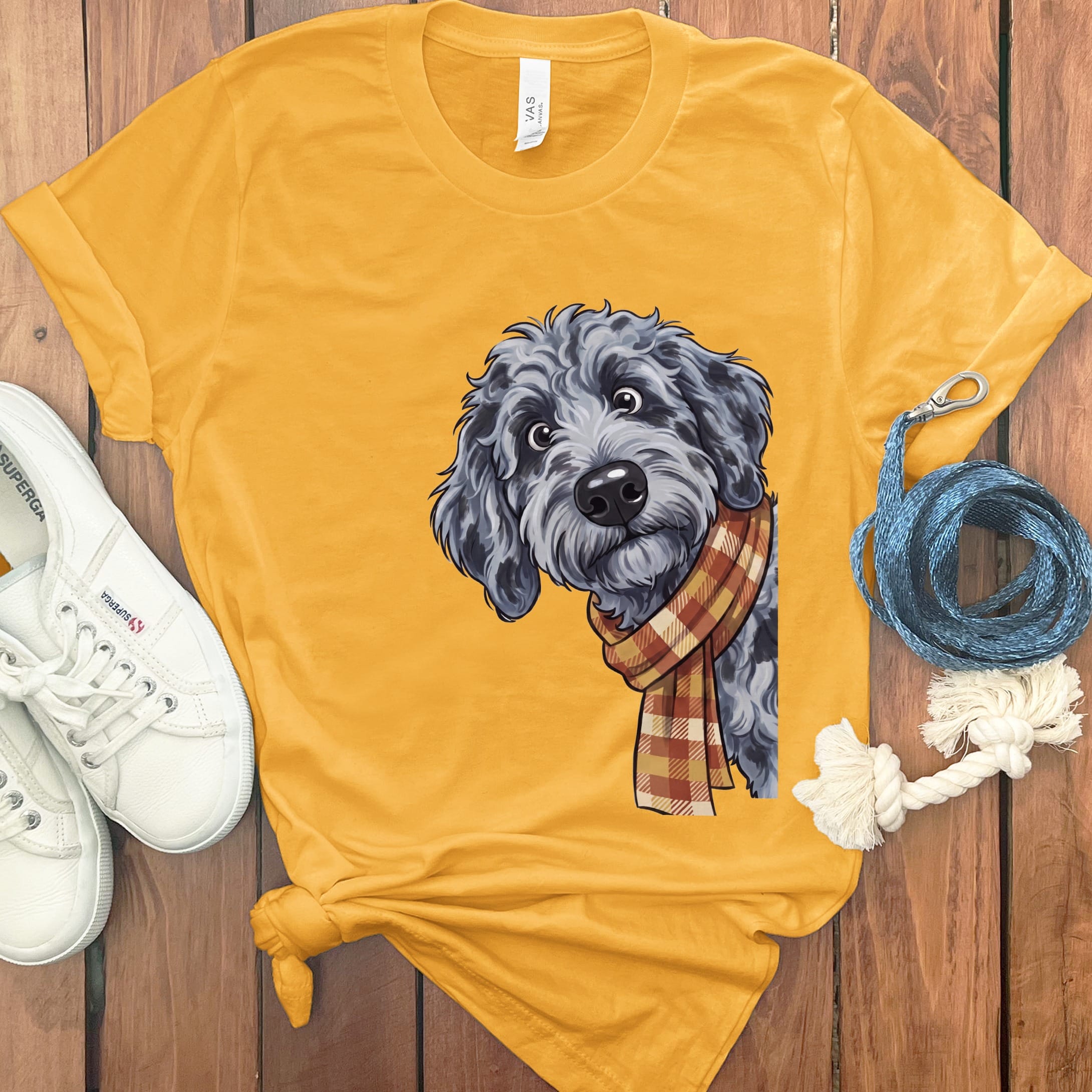 Fall Plaid Merle Goldendoodle T-Shirt in Gold / S by Puppy Jo