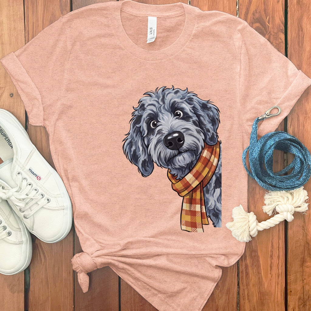 Fall Plaid Merle Goldendoodle T-Shirt in Heather Peach / S by Puppy Jo