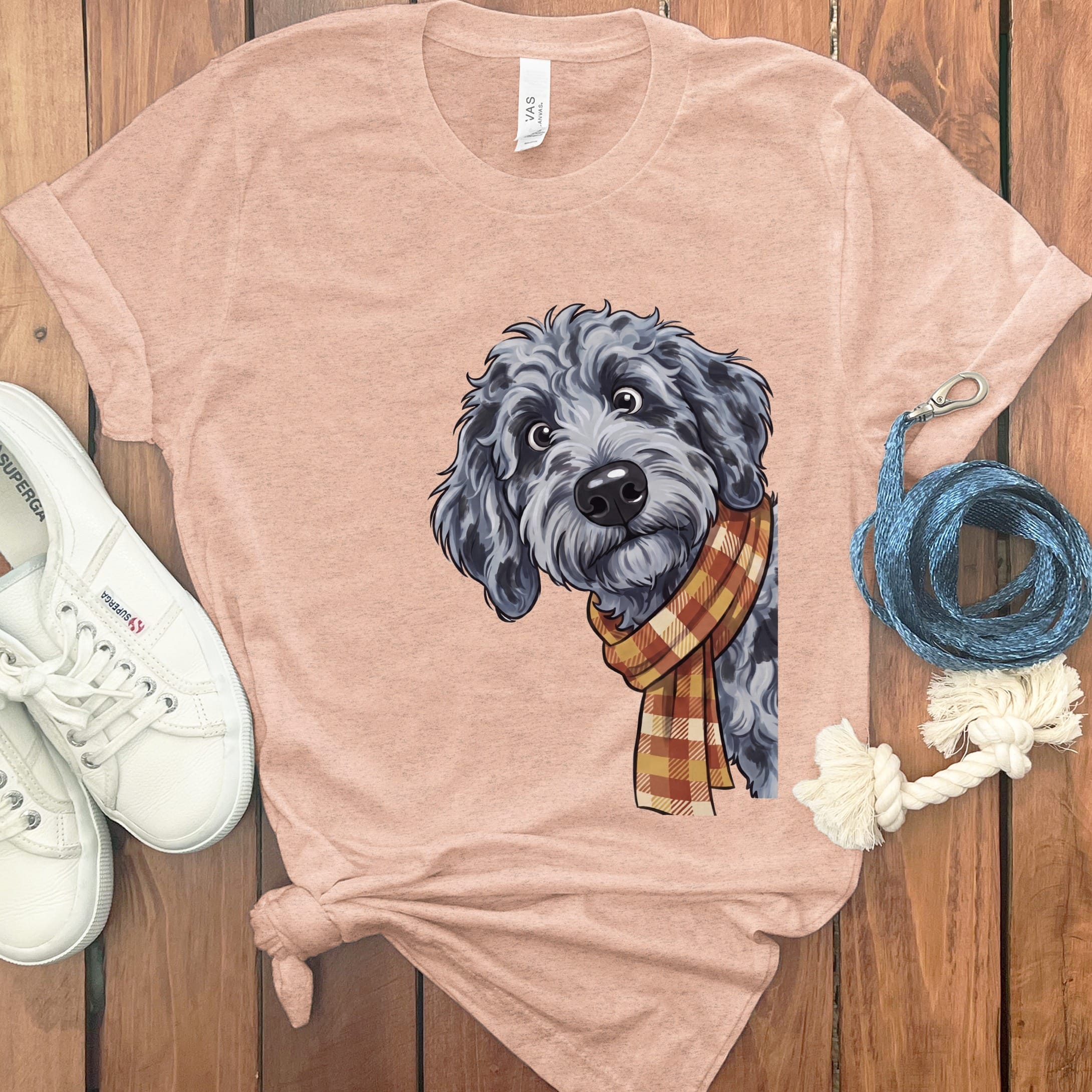 Fall Plaid Merle Goldendoodle T-Shirt in Heather Peach / S by Puppy Jo