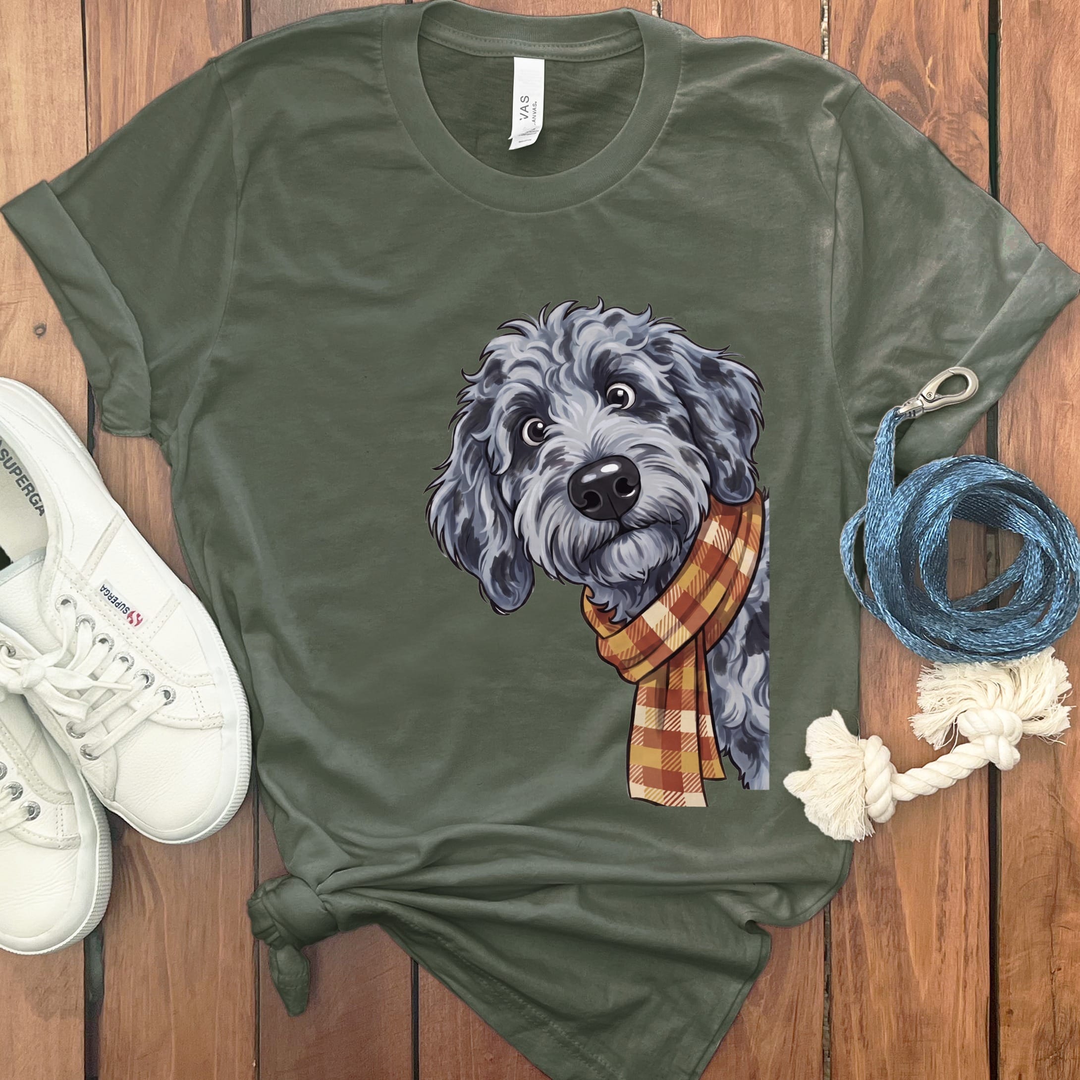 Fall Plaid Merle Goldendoodle T-Shirt in Military Green / S by Puppy Jo