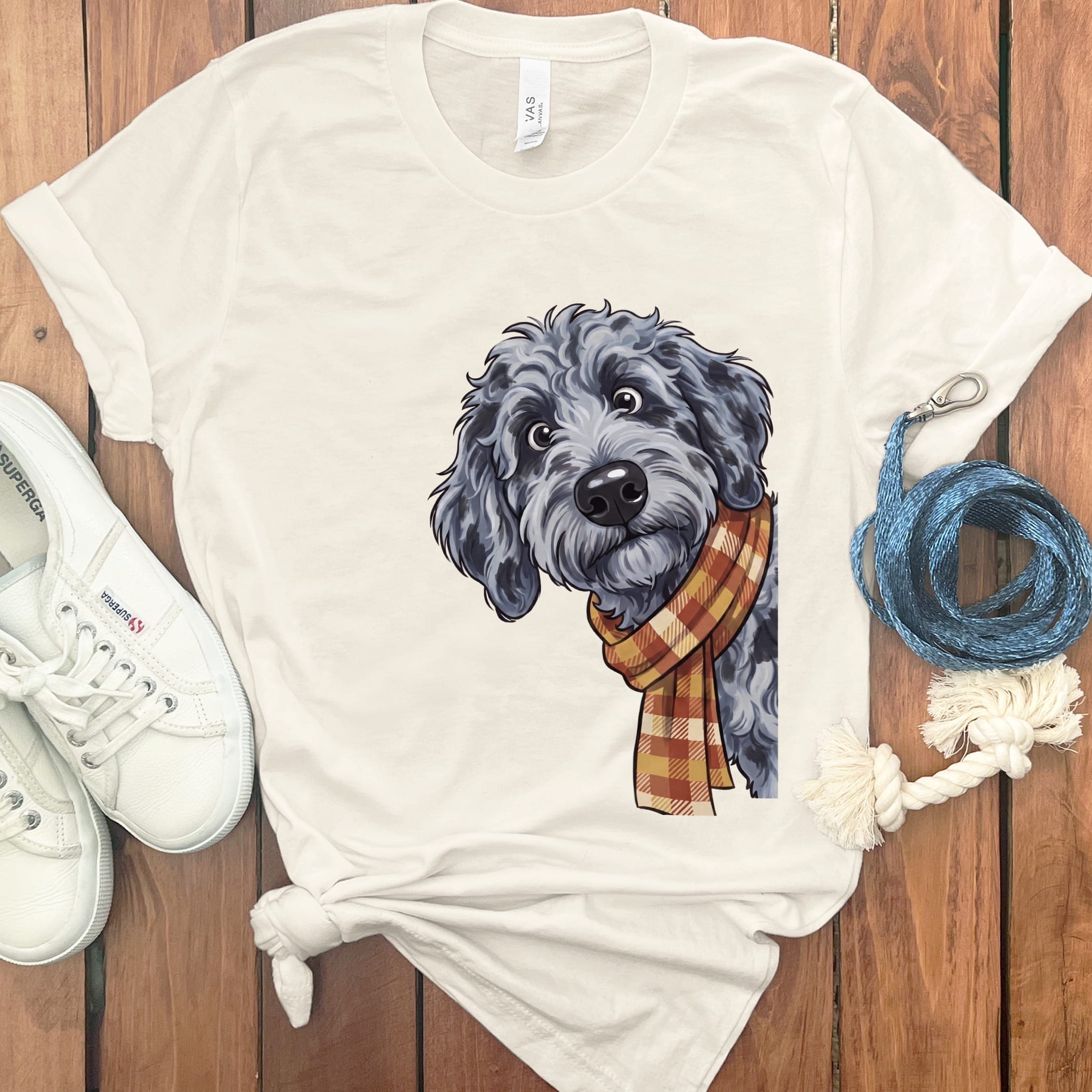 Fall Plaid Merle Goldendoodle T-Shirt in Natural / S by Puppy Jo