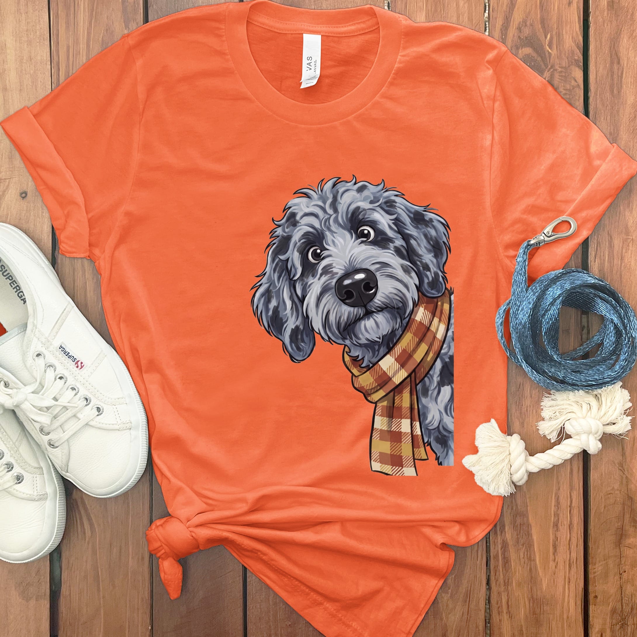 Fall Plaid Merle Goldendoodle T-Shirt in Orange / S by Puppy Jo