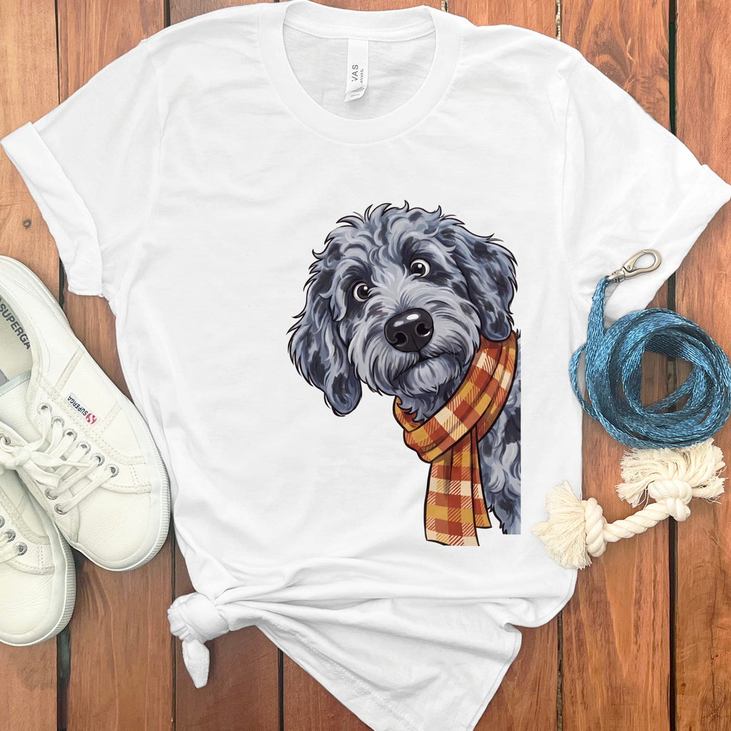 Fall Plaid Merle Goldendoodle T-Shirt in White / S by Puppy Jo