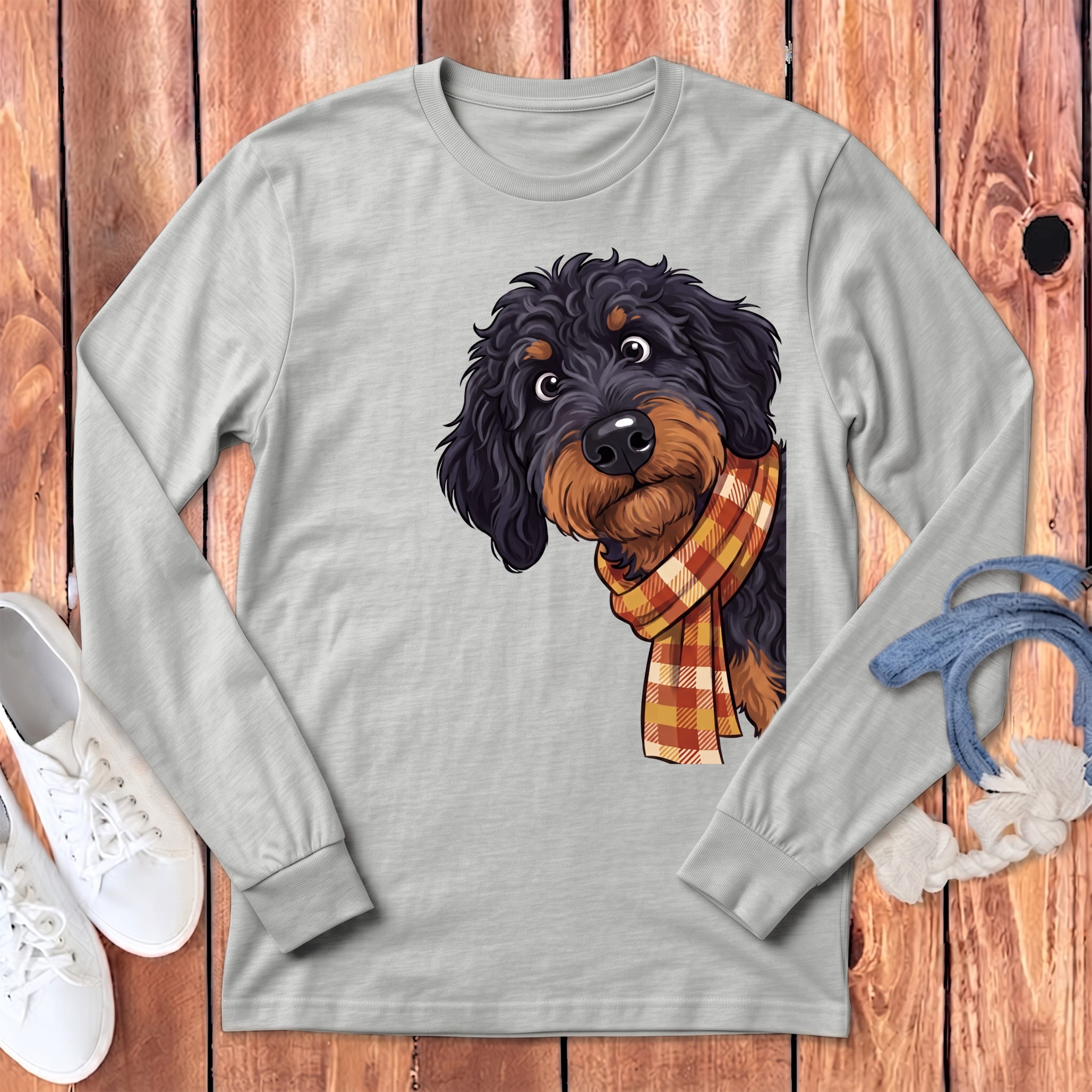 Fall Plaid Phantom Goldendoodle Long Sleeve T-Shirt in Athletic Heather / S by Puppy Jo