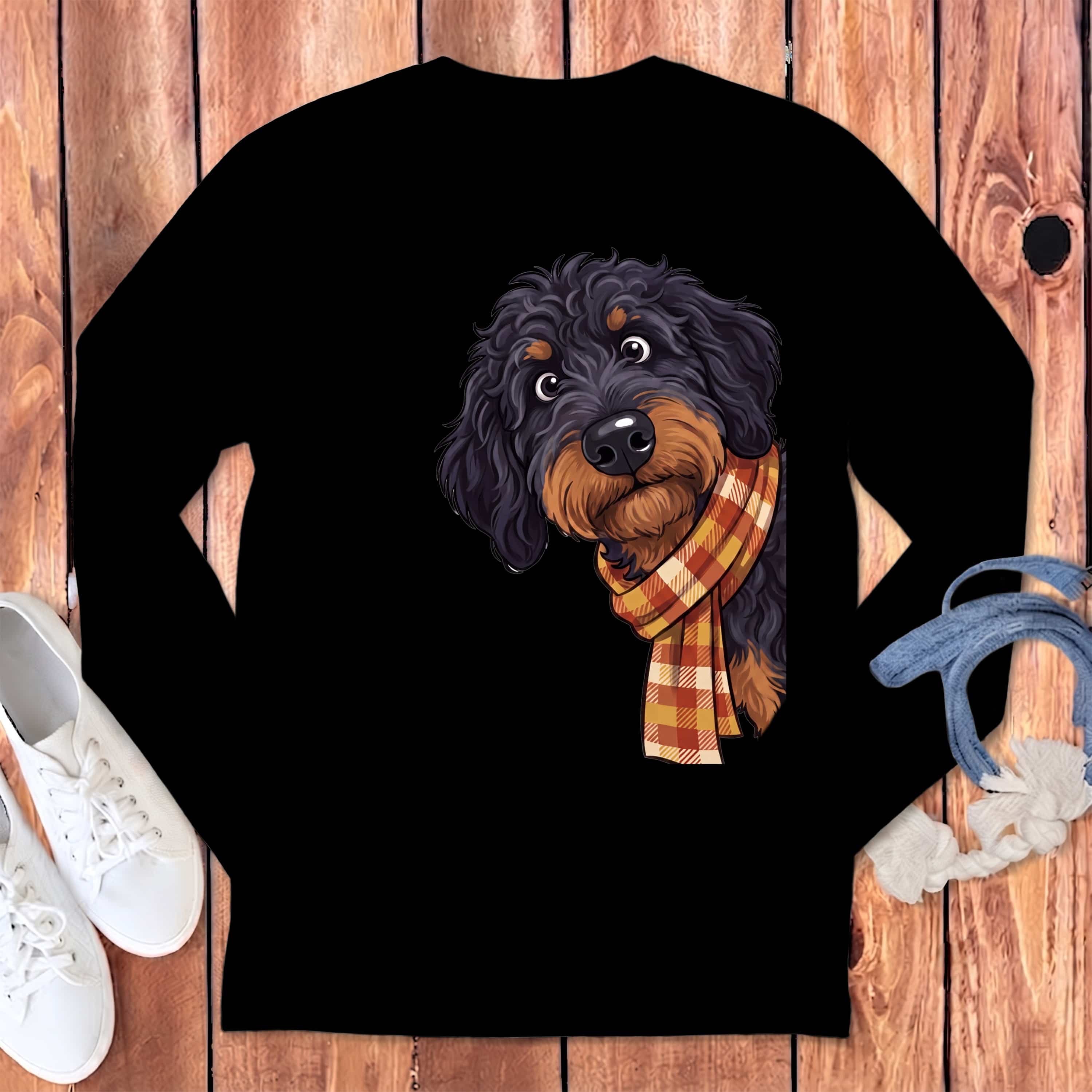 Fall Plaid Phantom Goldendoodle Long Sleeve T-Shirt in Black / S by Puppy Jo