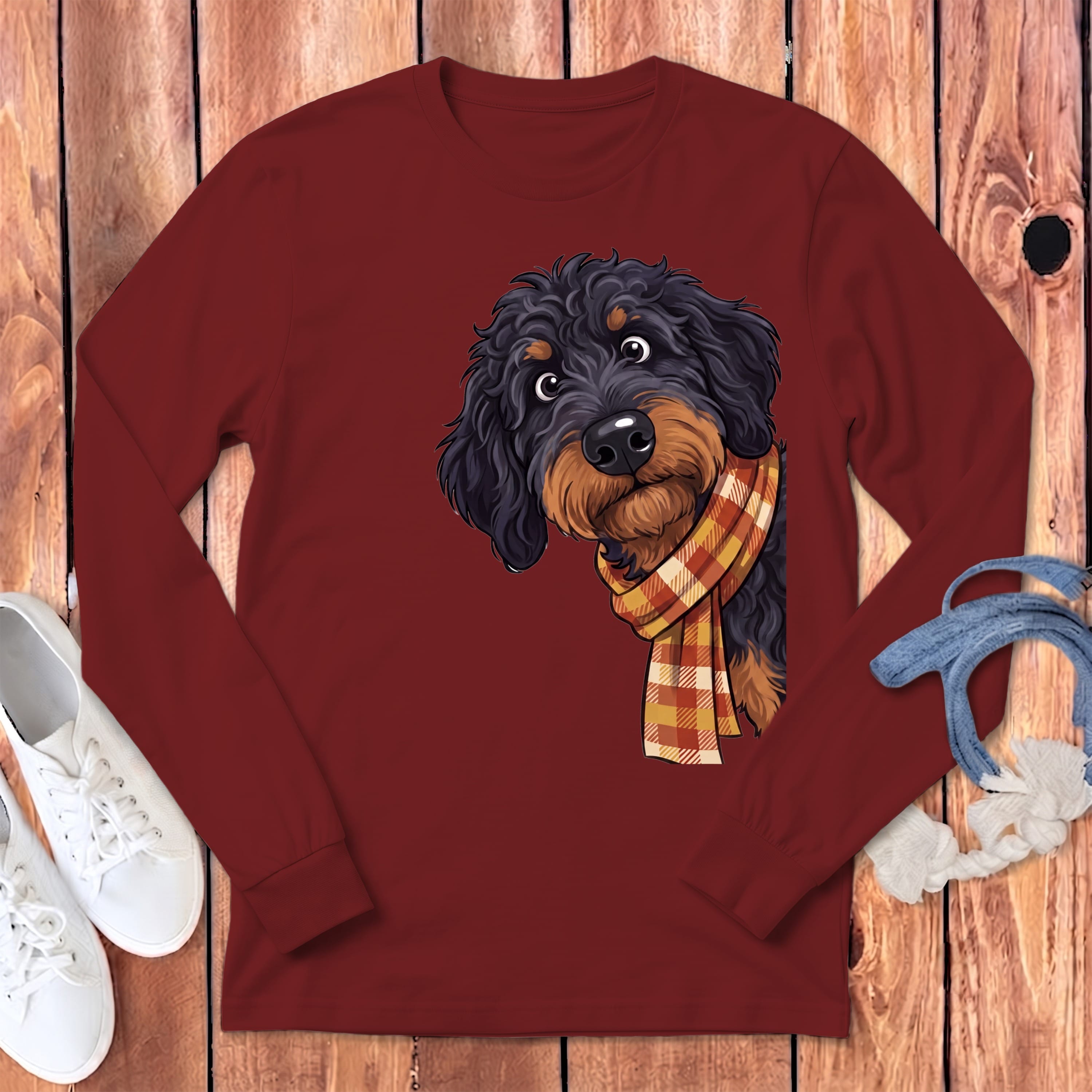 Fall Plaid Phantom Goldendoodle Long Sleeve T-Shirt in Cardinal / S by Puppy Jo