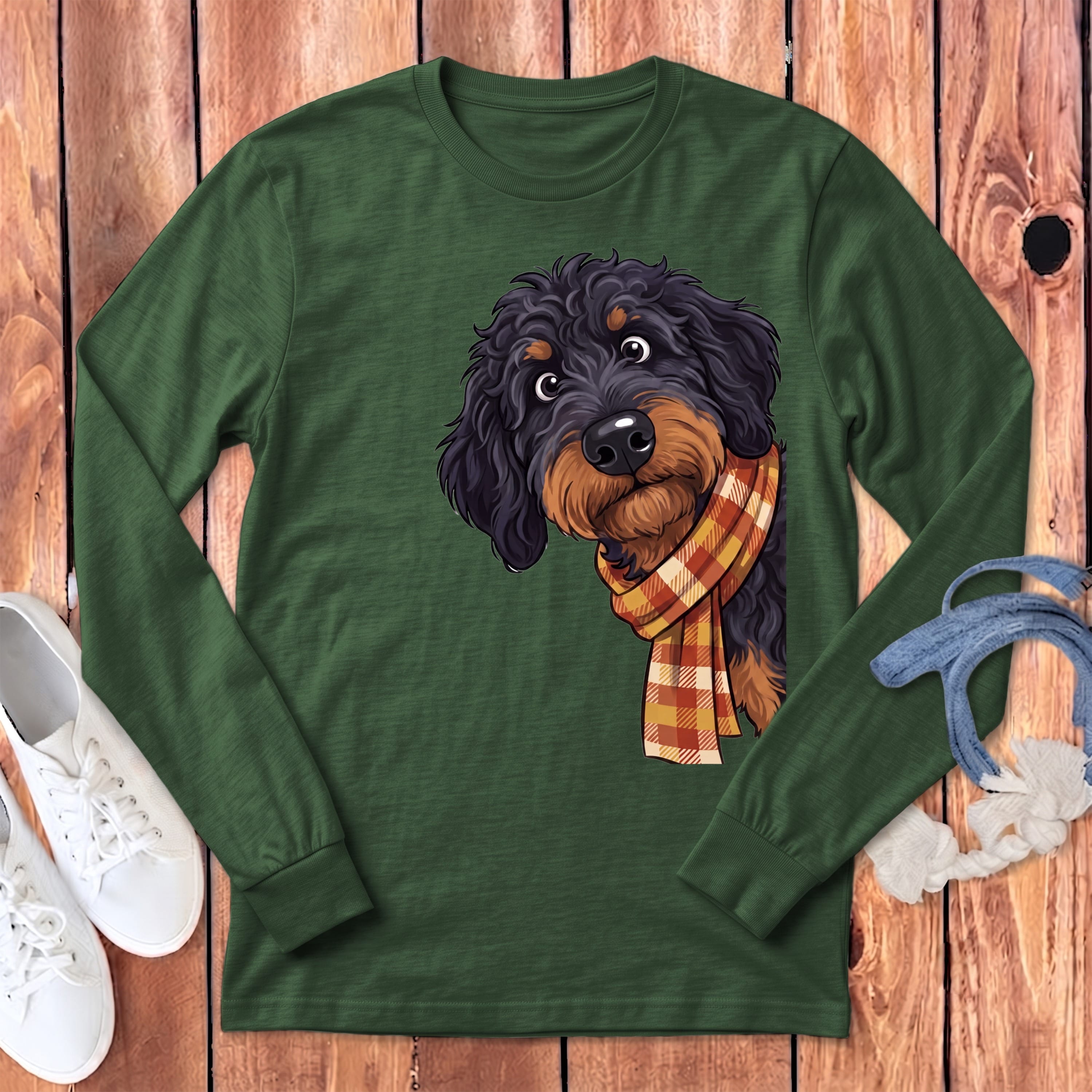 Fall Plaid Phantom Goldendoodle Long Sleeve T-Shirt in Heather Forest / S by Puppy Jo