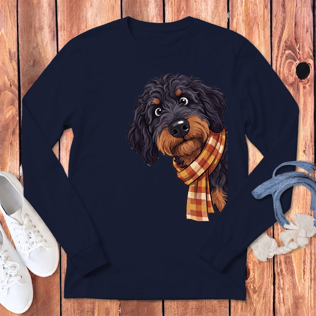 Fall Plaid Phantom Goldendoodle Long Sleeve T-Shirt in Navy / S by Puppy Jo