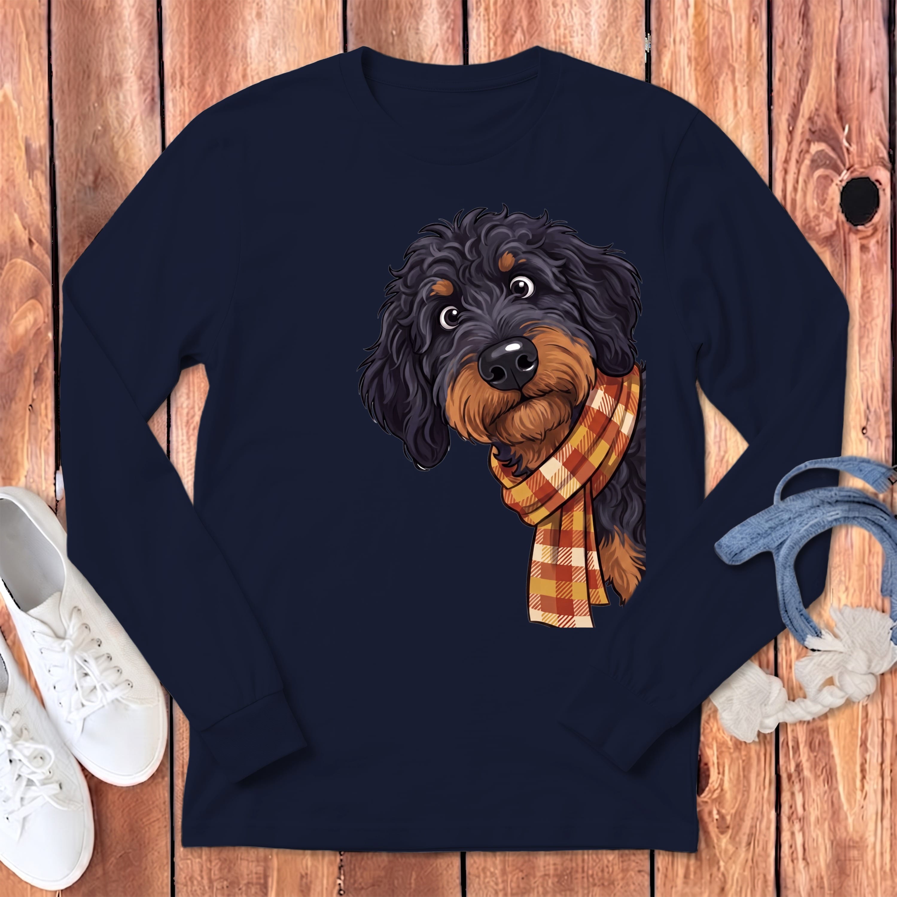 Fall Plaid Phantom Goldendoodle Long Sleeve T-Shirt in Navy / S by Puppy Jo