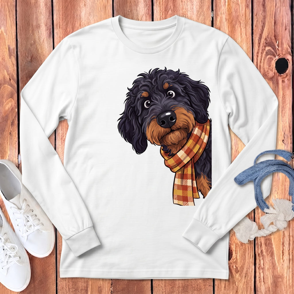 Fall Plaid Phantom Goldendoodle Long Sleeve T-Shirt in White / S by Puppy Jo