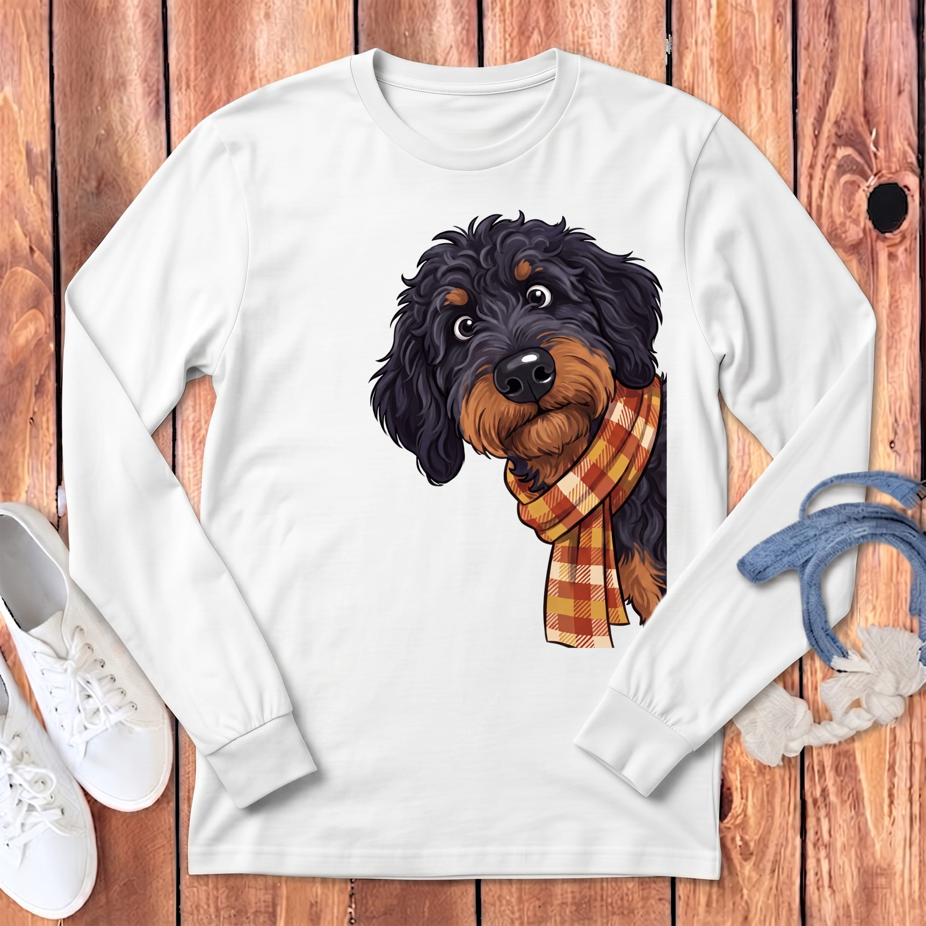 Fall Plaid Phantom Goldendoodle Long Sleeve T-Shirt in White / S by Puppy Jo