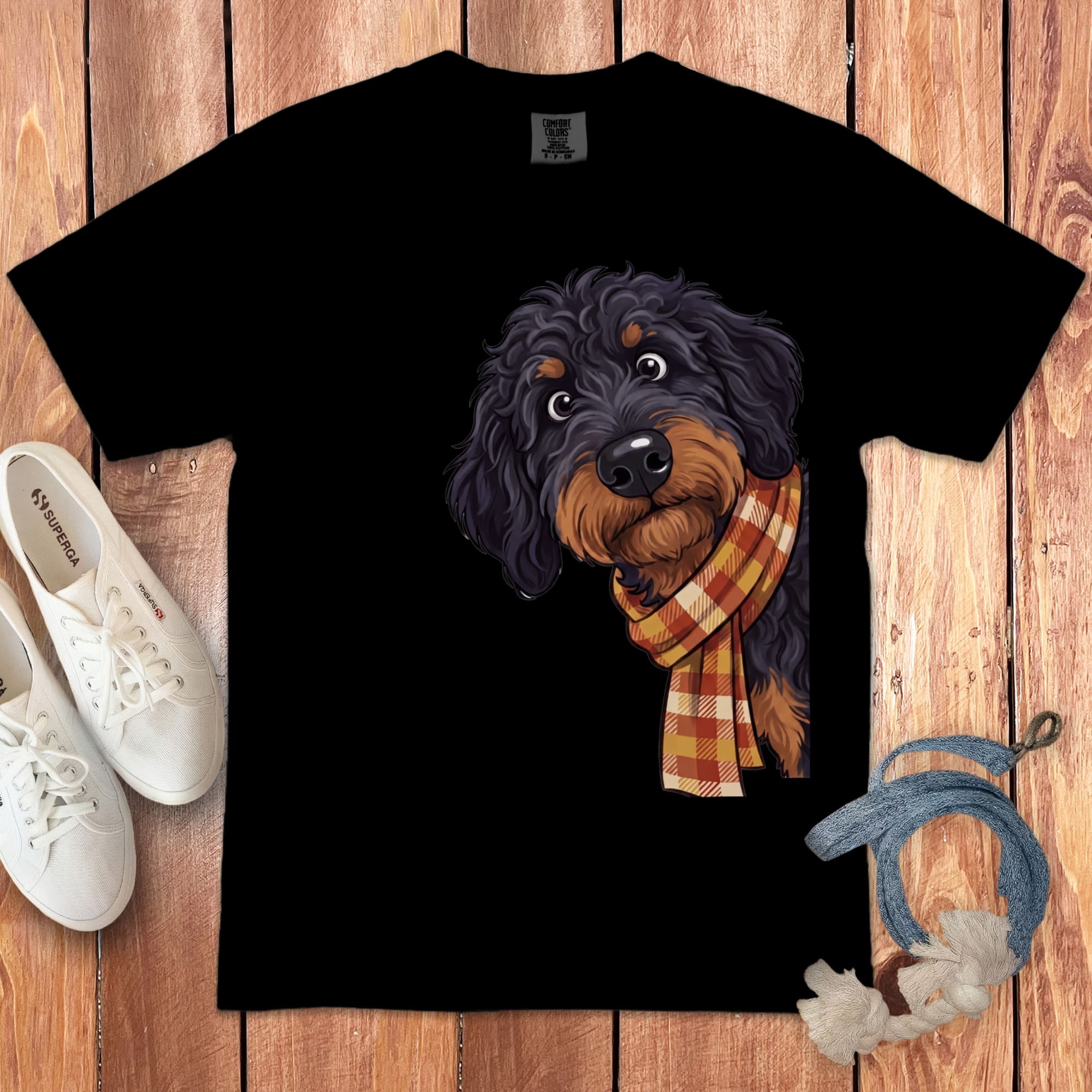 Fall Plaid Phantom Goldendoodle Signature T-Shirt in Black / S / T-Shirts by Puppy Jo