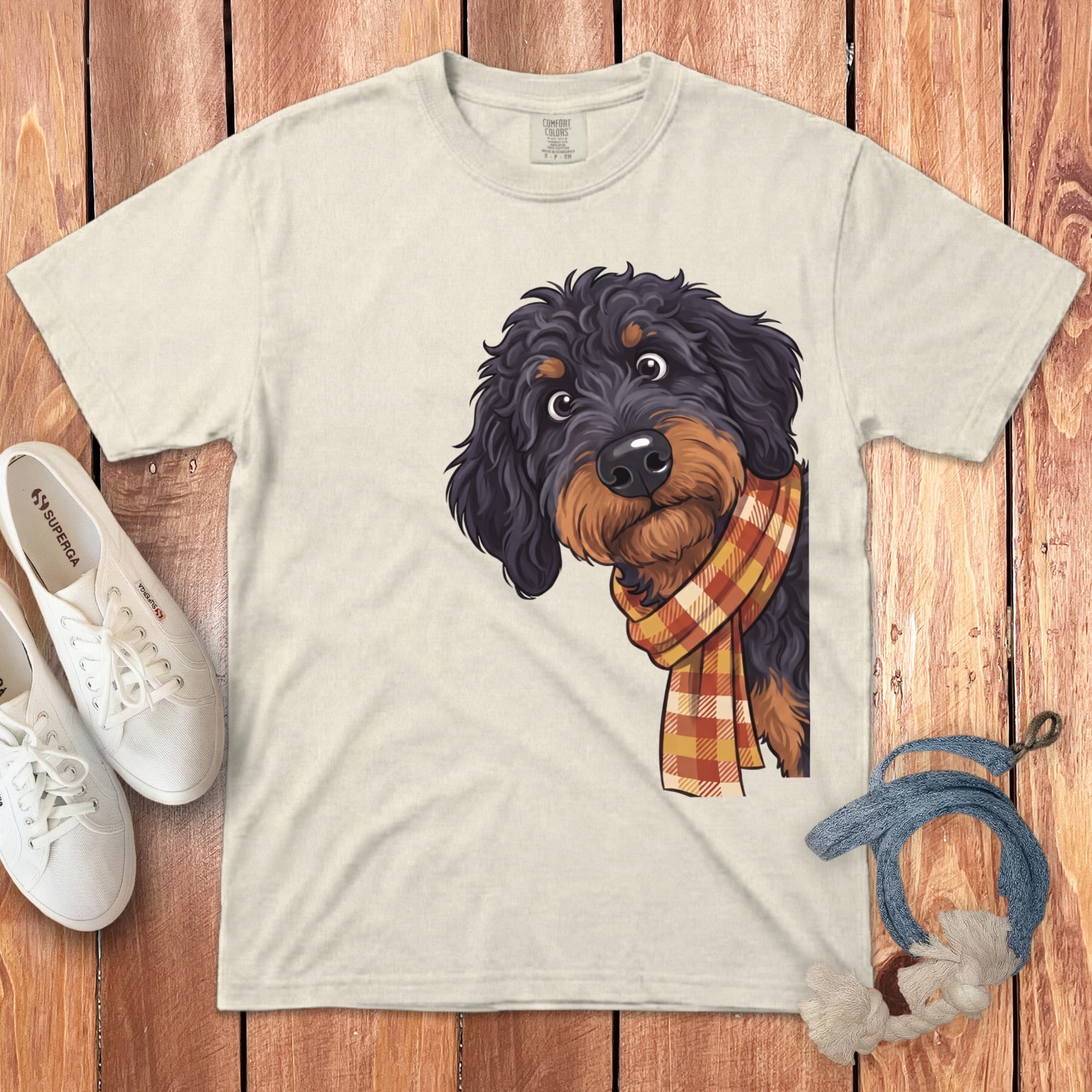 Fall Plaid Phantom Goldendoodle Signature T-Shirt in Ivory / S / T-Shirts by Puppy Jo