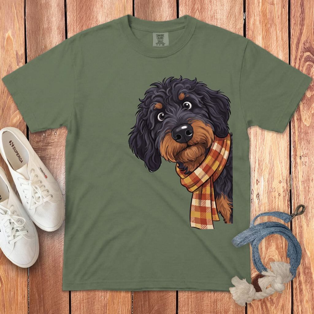 Fall Plaid Phantom Goldendoodle Signature T-Shirt in Moss / S / T-Shirts by Puppy Jo