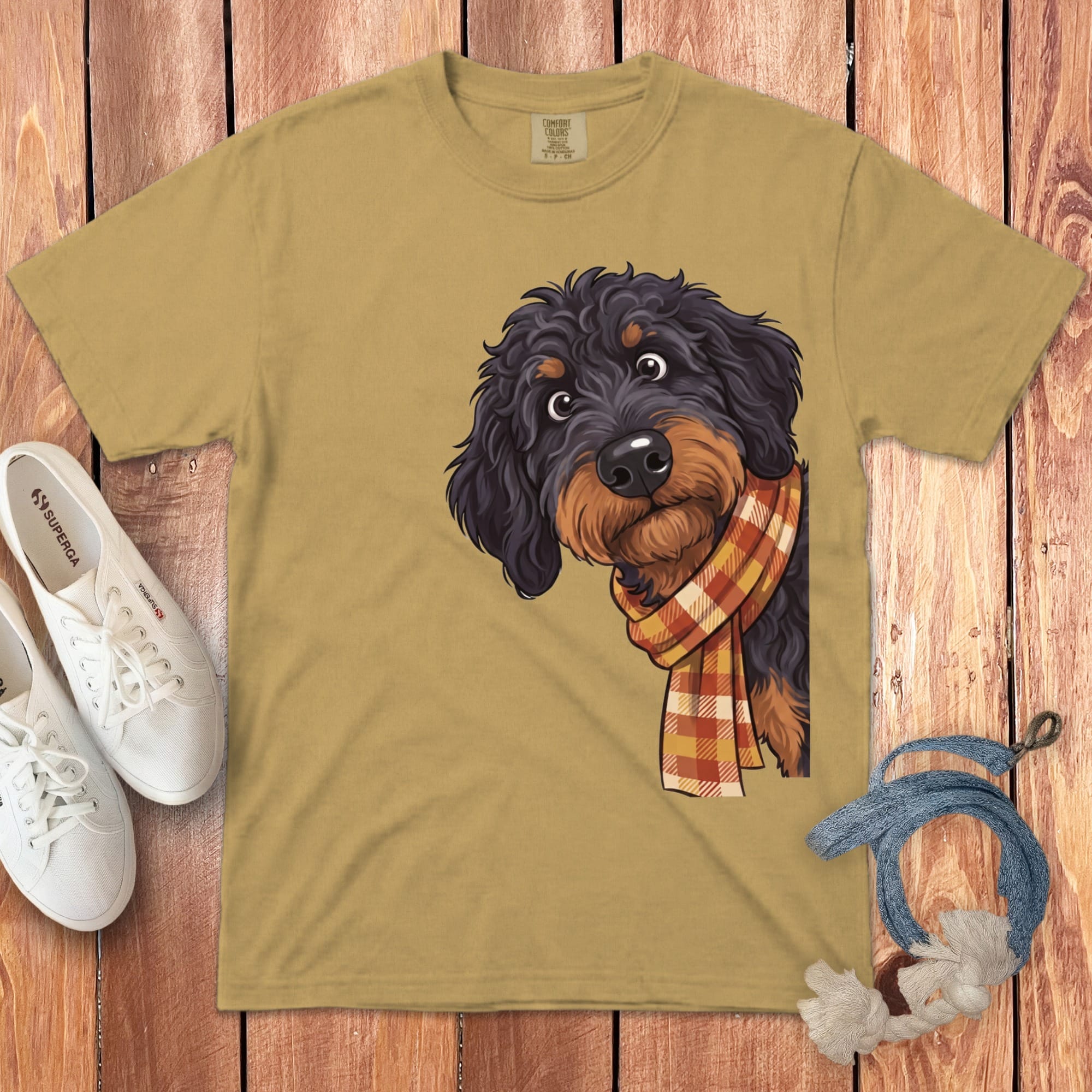 Fall Plaid Phantom Goldendoodle Signature T-Shirt in Mustard / S / T-Shirts by Puppy Jo