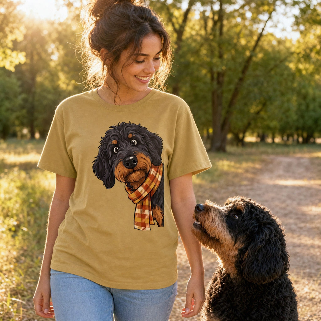 Fall Plaid Phantom Goldendoodle Signature T-Shirt in by Puppy Jo