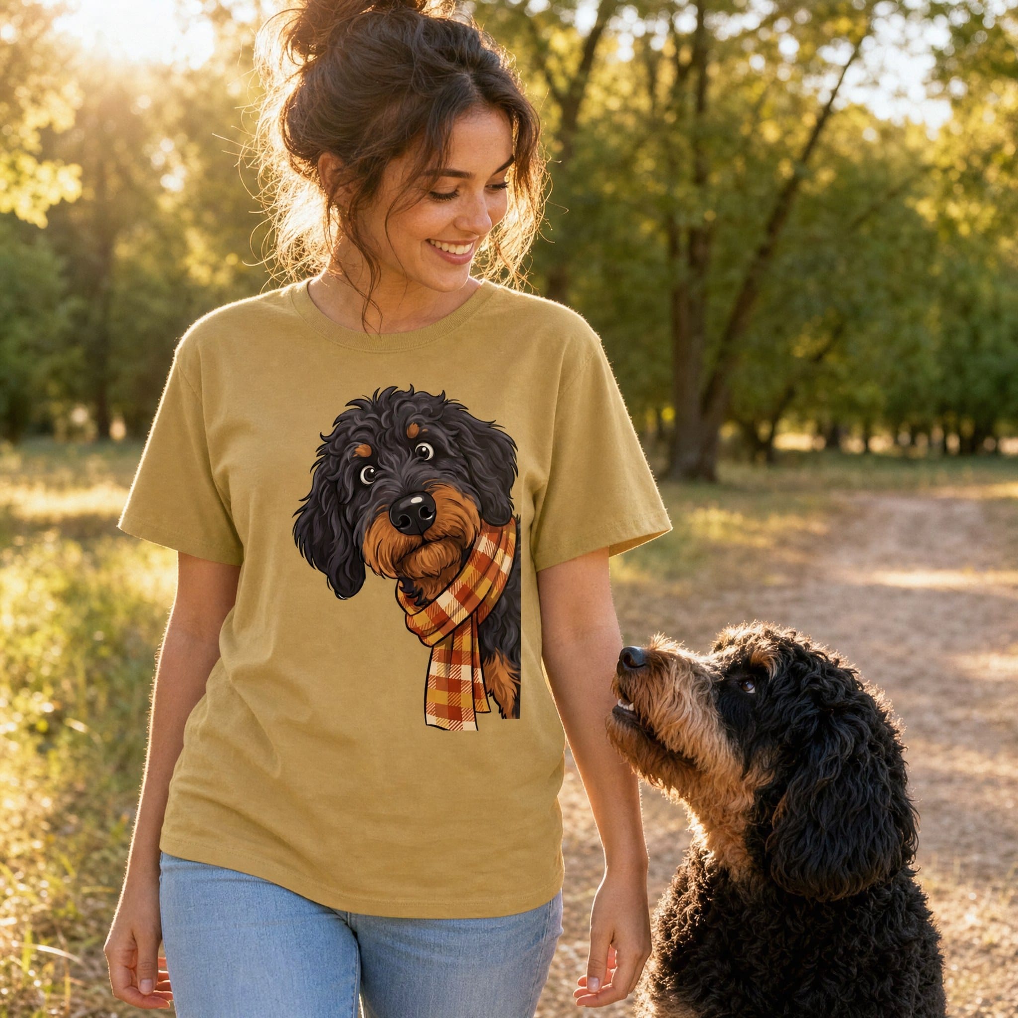 Fall Plaid Phantom Goldendoodle Signature T-Shirt in by Puppy Jo