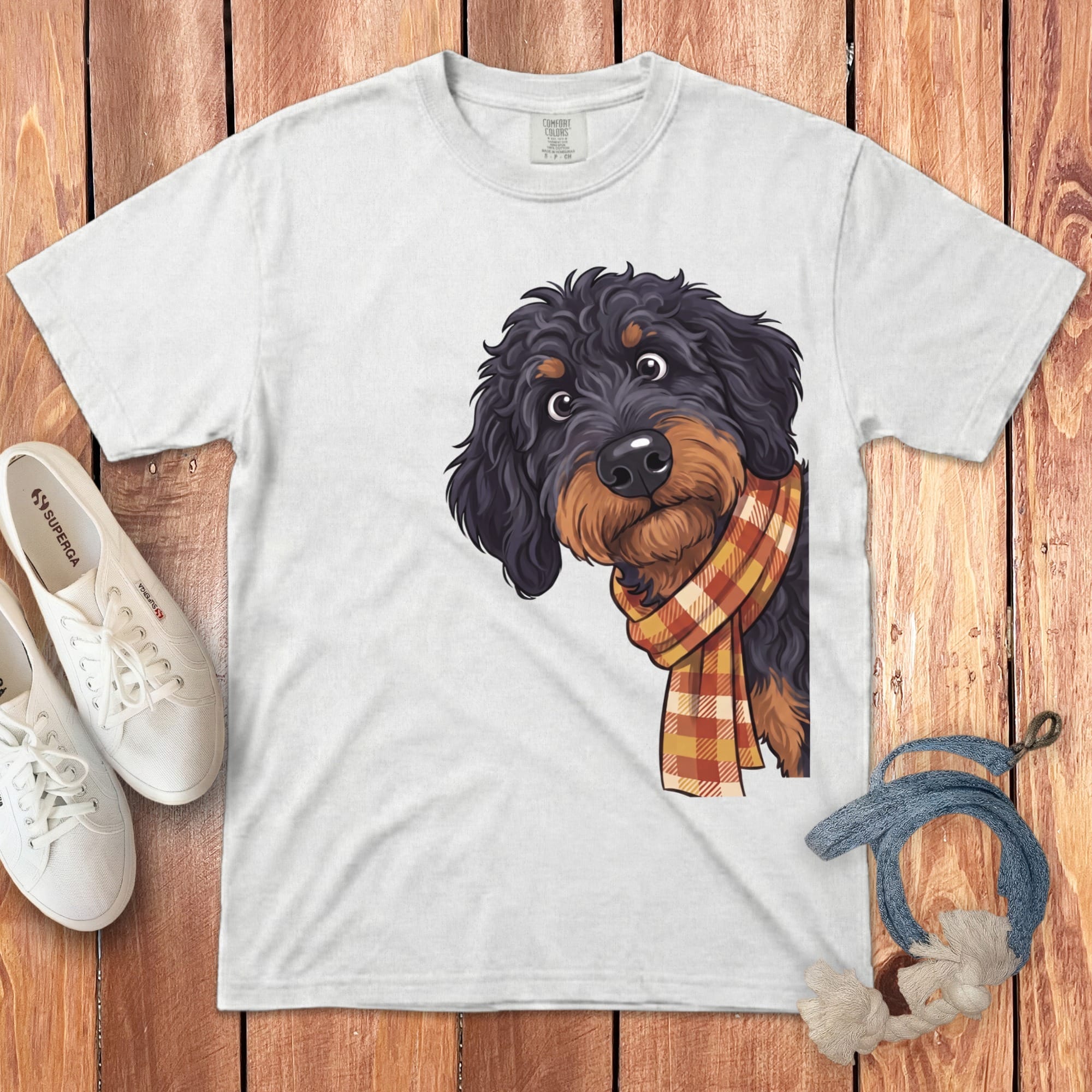 Fall Plaid Phantom Goldendoodle Signature T-Shirt in White / S / T-Shirts by Puppy Jo