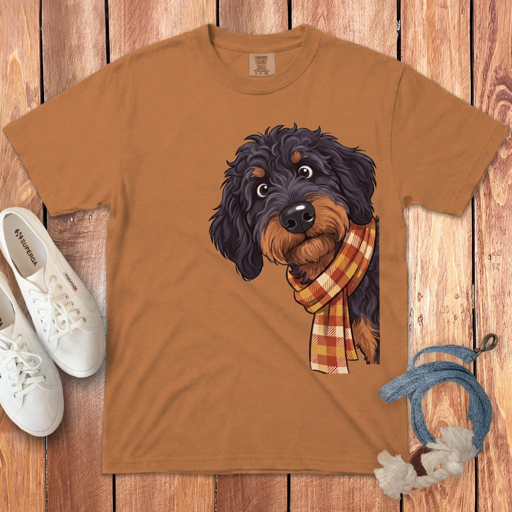 Fall Plaid Phantom Goldendoodle Signature T-Shirt in Yam / S / T-Shirts by Puppy Jo