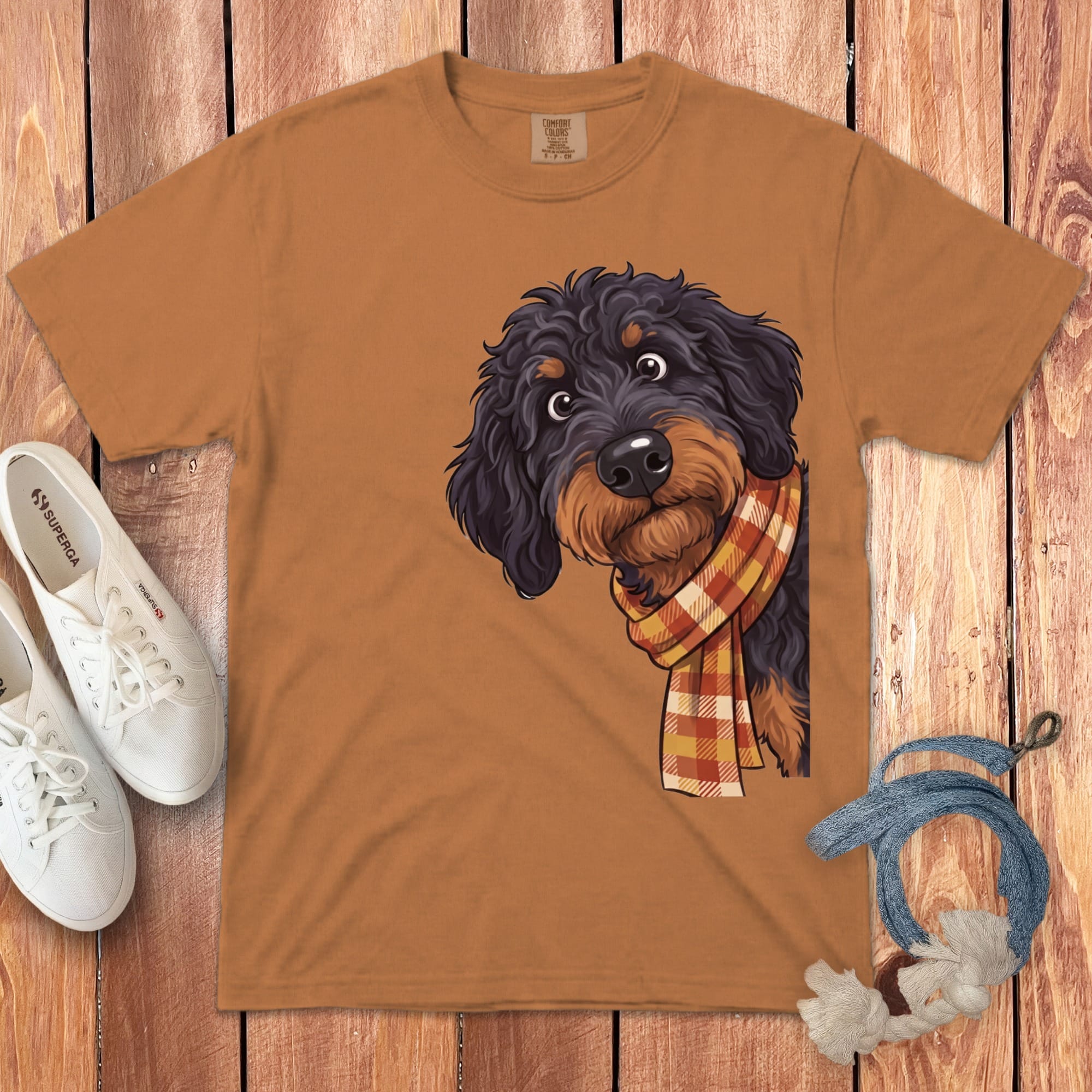 Fall Plaid Phantom Goldendoodle Signature T-Shirt in Yam / S / T-Shirts by Puppy Jo