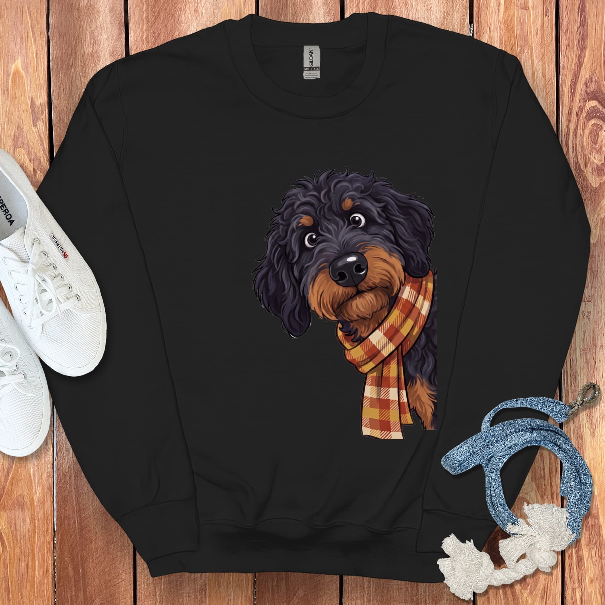 Fall Plaid Phantom Goldendoodle Sweatshirt in Black / S by Puppy Jo