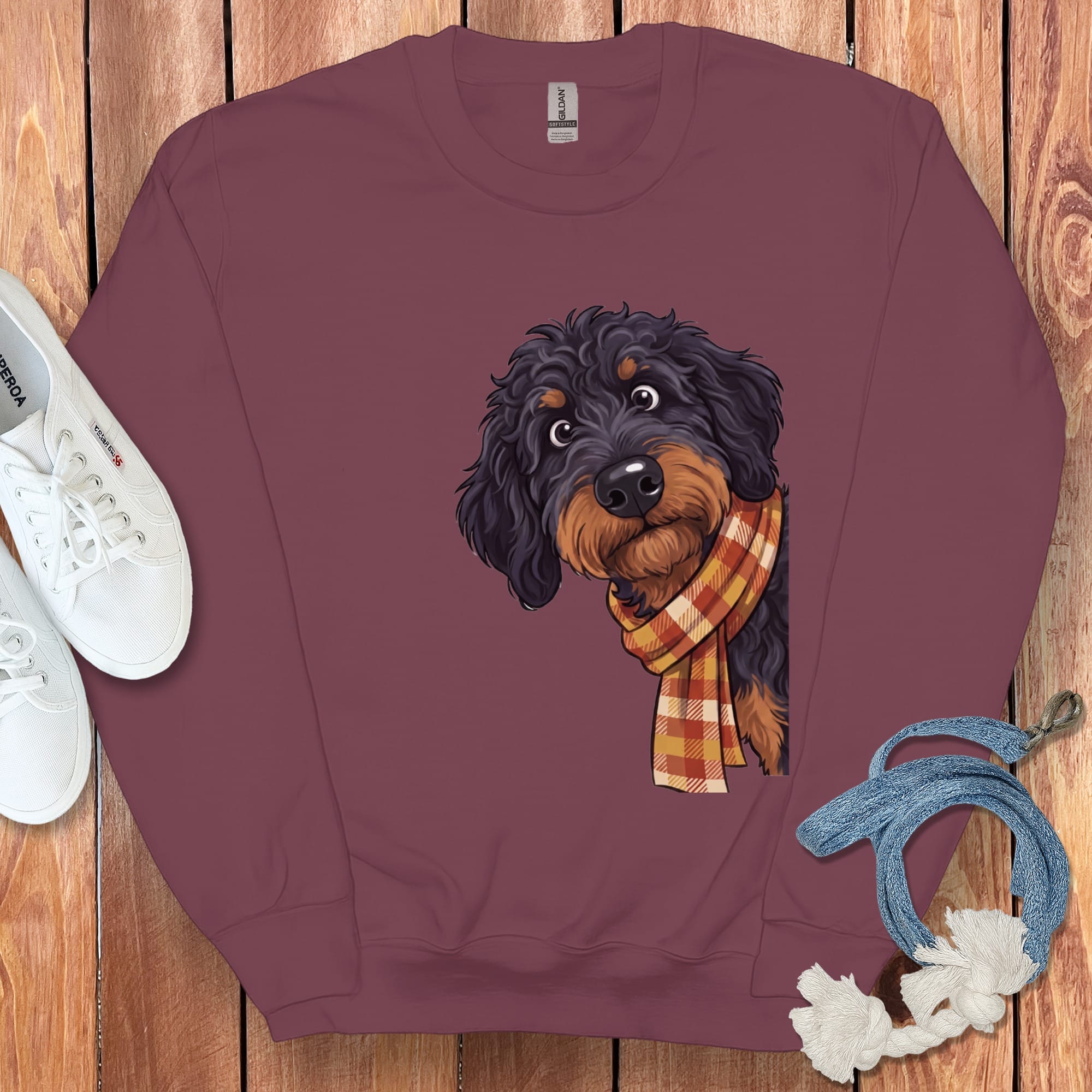 Fall Plaid Phantom Goldendoodle Sweatshirt in Maroon / S by Puppy Jo
