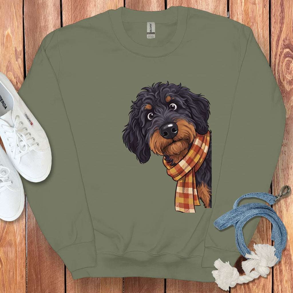 Fall Plaid Phantom Goldendoodle Sweatshirt in Military Green / S by Puppy Jo