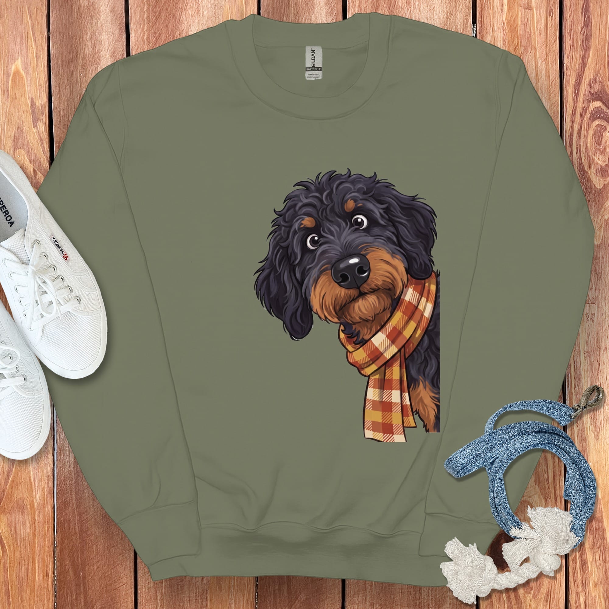 Fall Plaid Phantom Goldendoodle Sweatshirt in Military Green / S by Puppy Jo