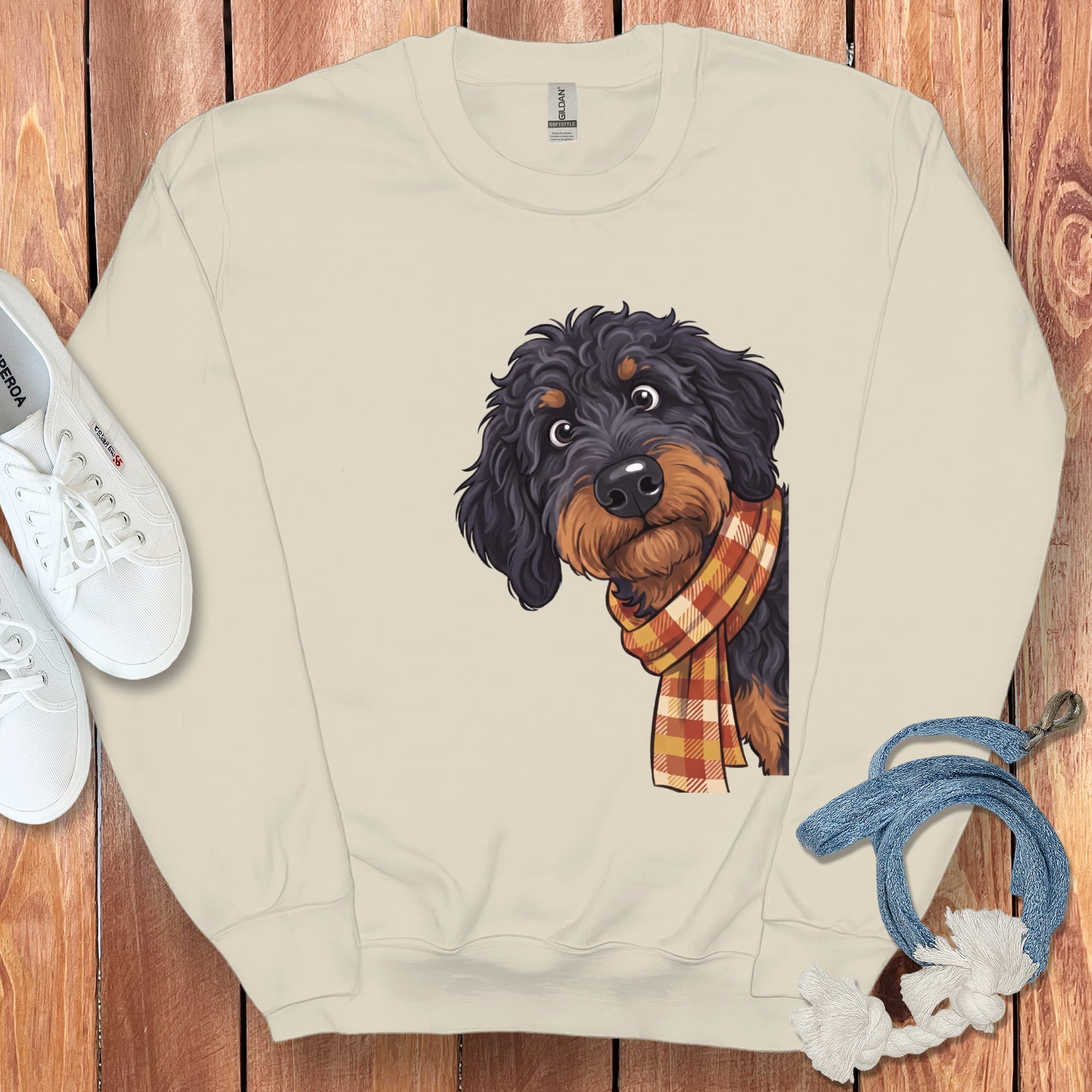 Fall Plaid Phantom Goldendoodle Sweatshirt in Sand / S by Puppy Jo