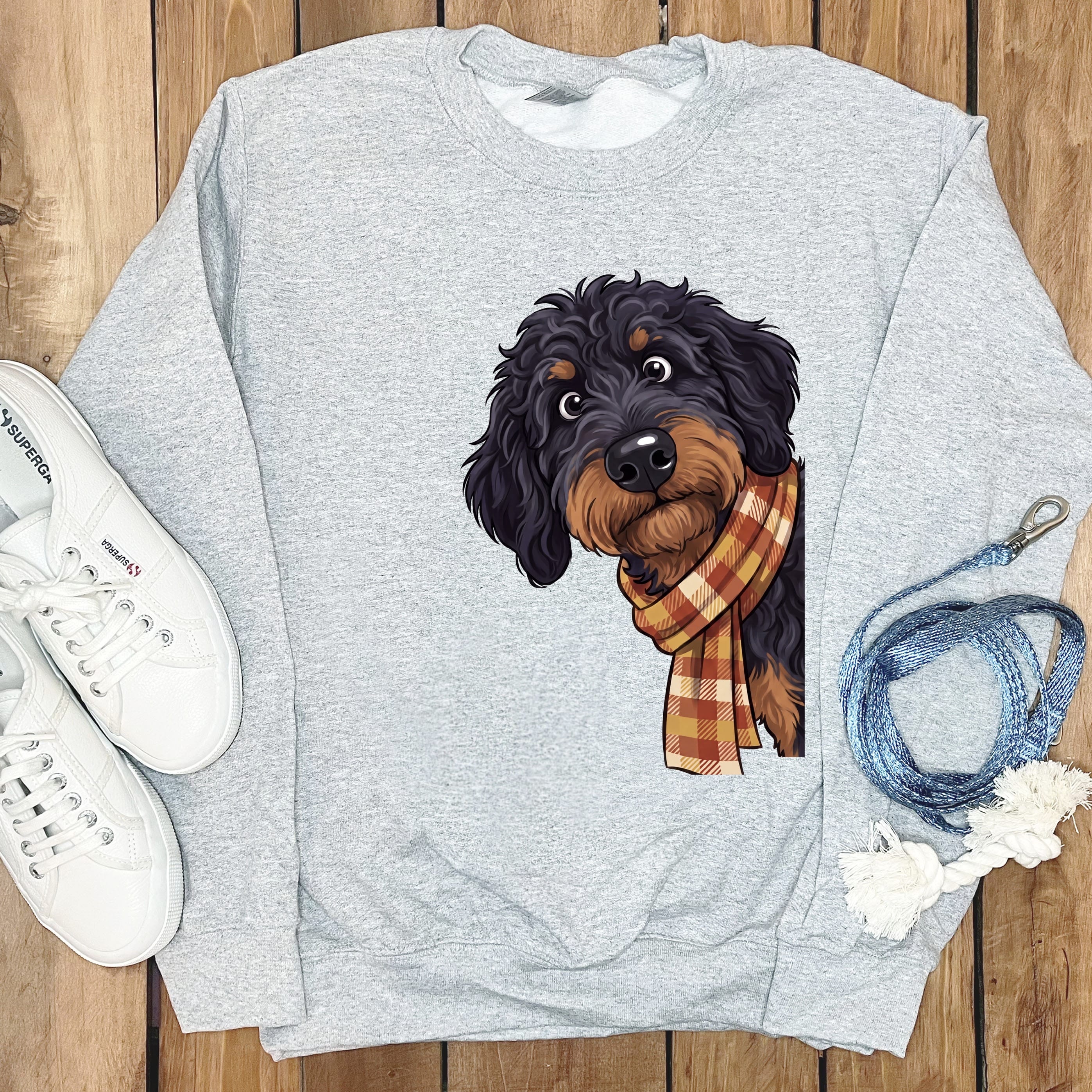Fall Plaid Phantom Goldendoodle Sweatshirt in Sport Grey / S by Puppy Jo