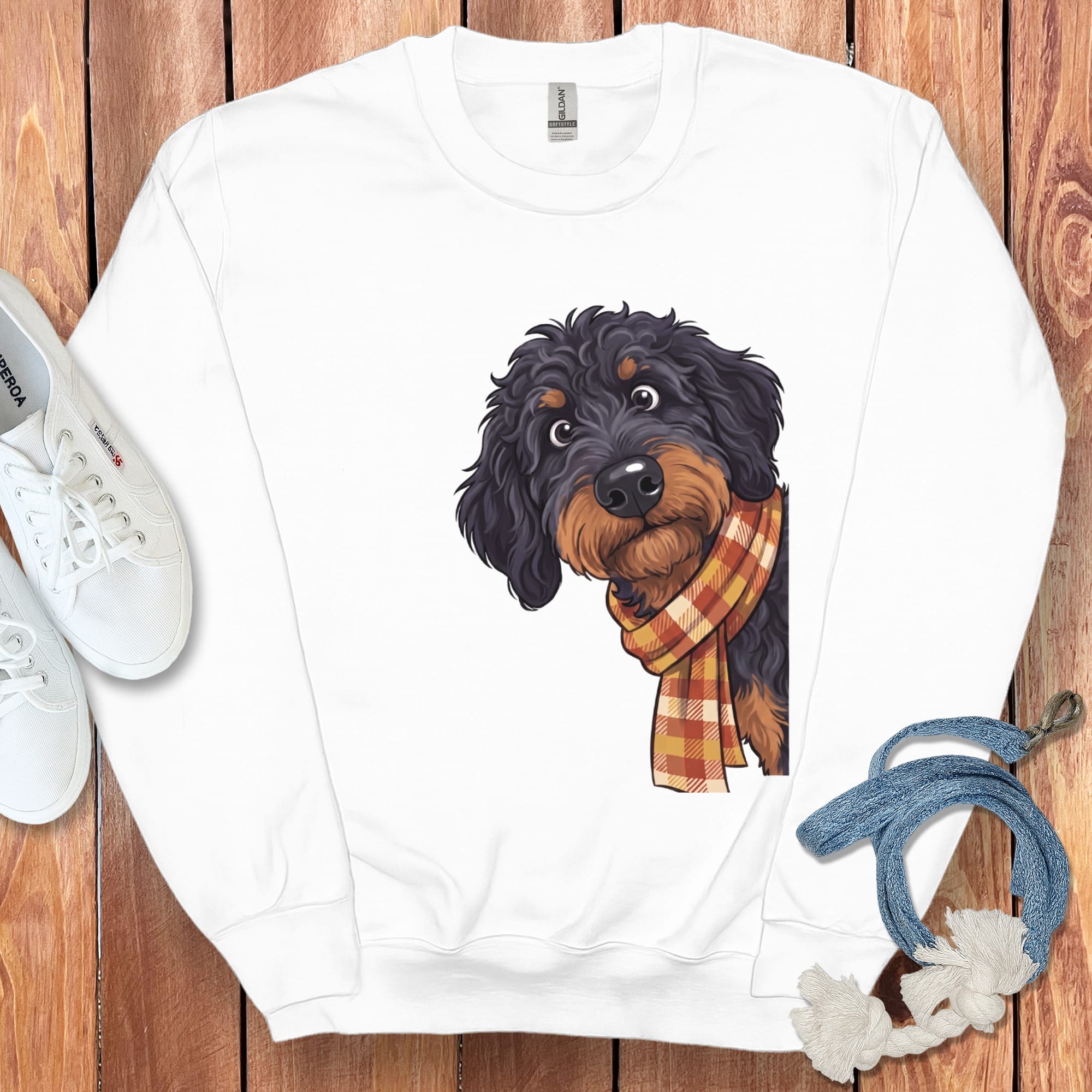 Fall Plaid Phantom Goldendoodle Sweatshirt in White / S by Puppy Jo