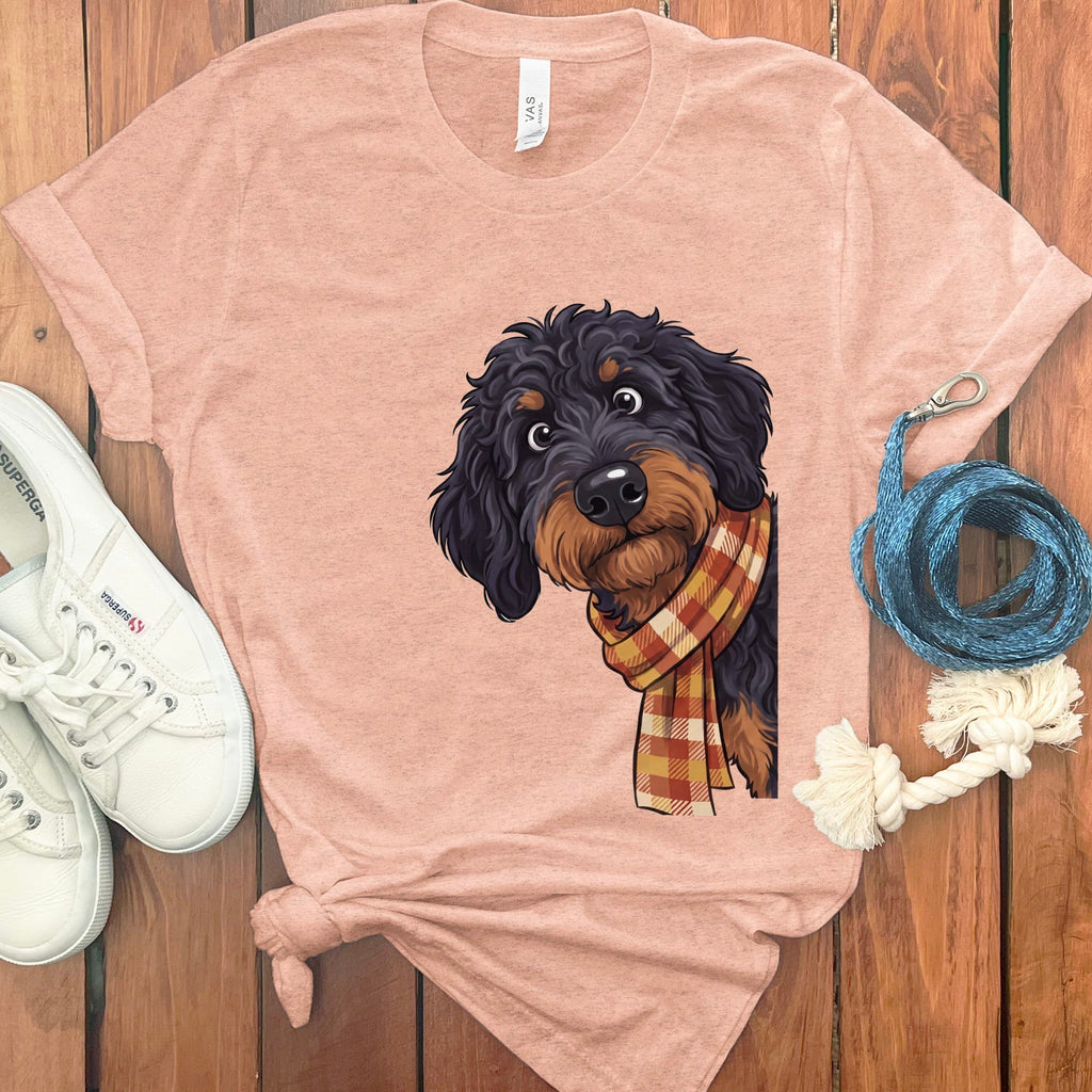 Fall Plaid Phantom Goldendoodle T-Shirt in Heather Peach / S by Puppy Jo