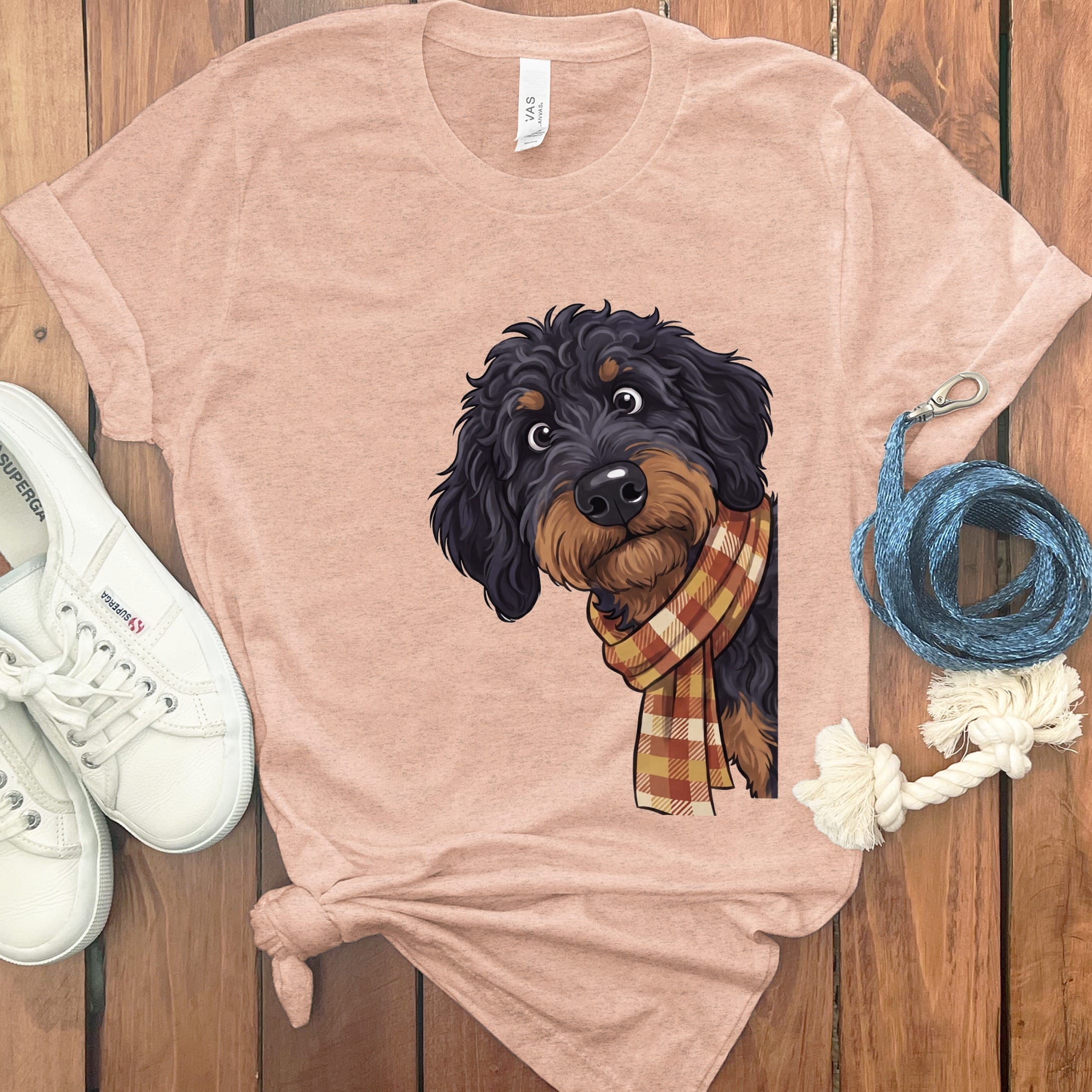 Fall Plaid Phantom Goldendoodle T-Shirt in Heather Peach / S by Puppy Jo