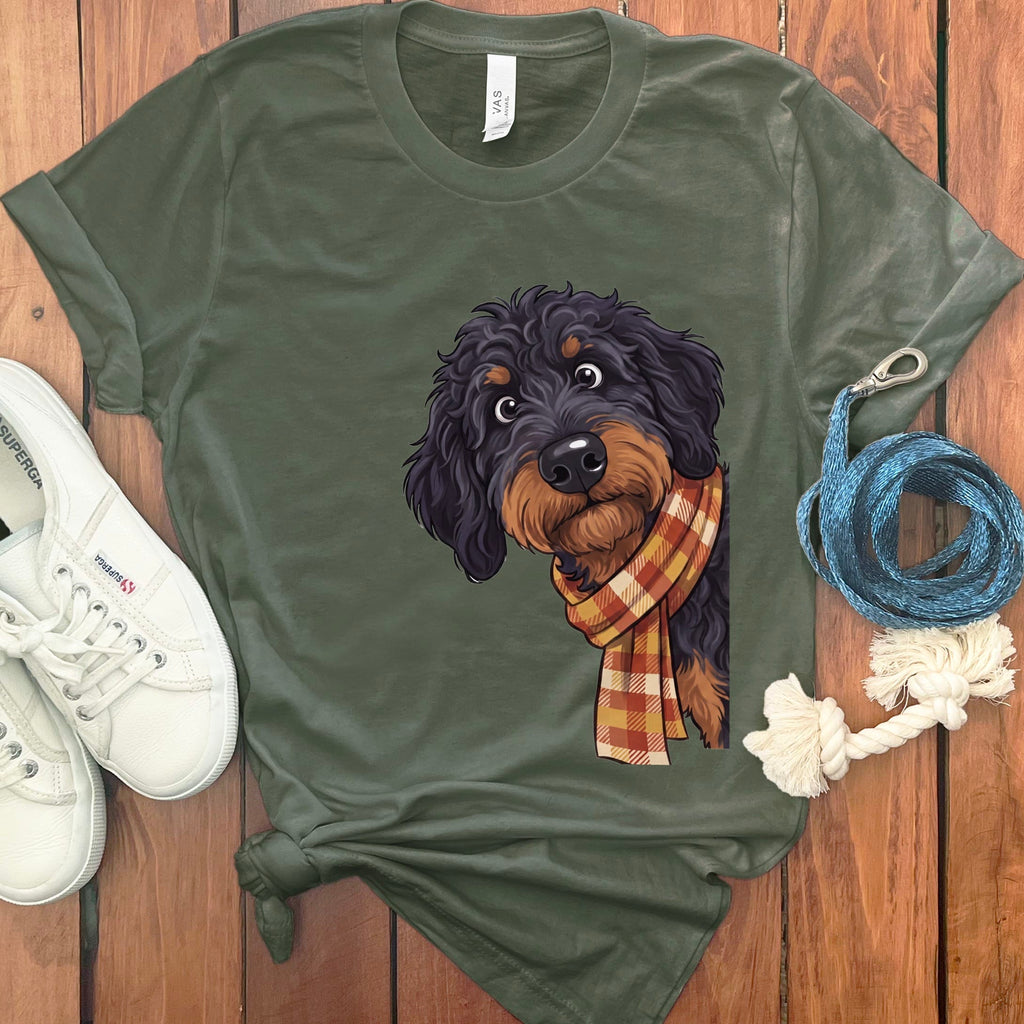 Fall Plaid Phantom Goldendoodle T-Shirt in Military Green / S by Puppy Jo