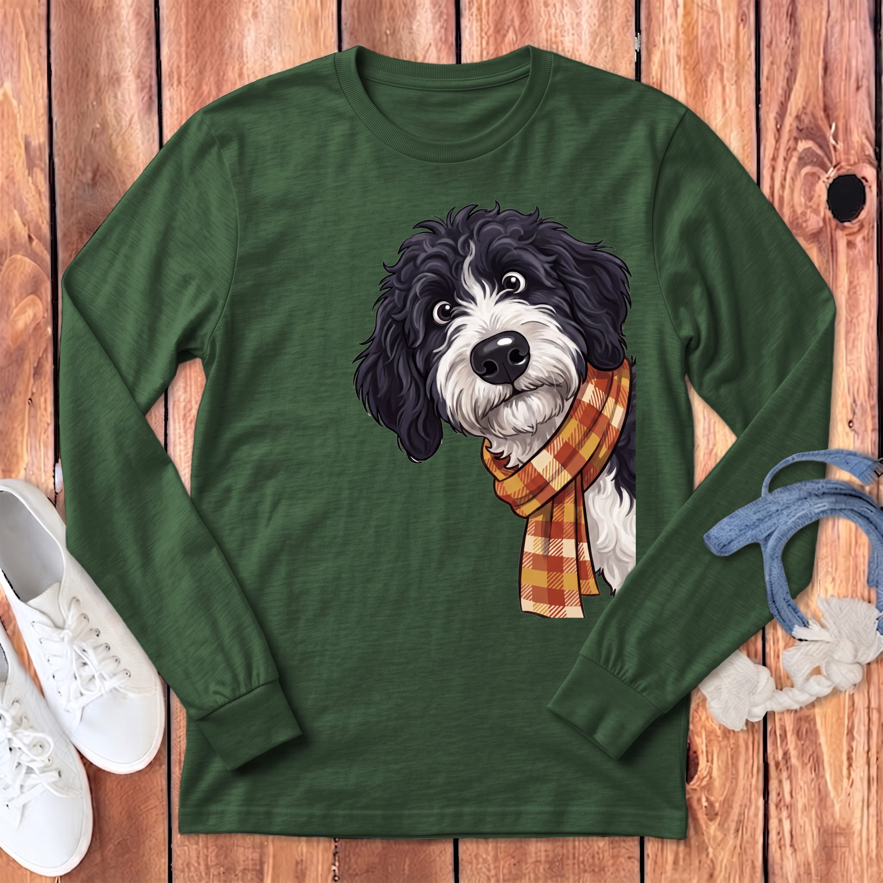Fall Plaid Sheepadoodle Long Sleeve T-Shirt in S / Heather Forest by Puppy Jo