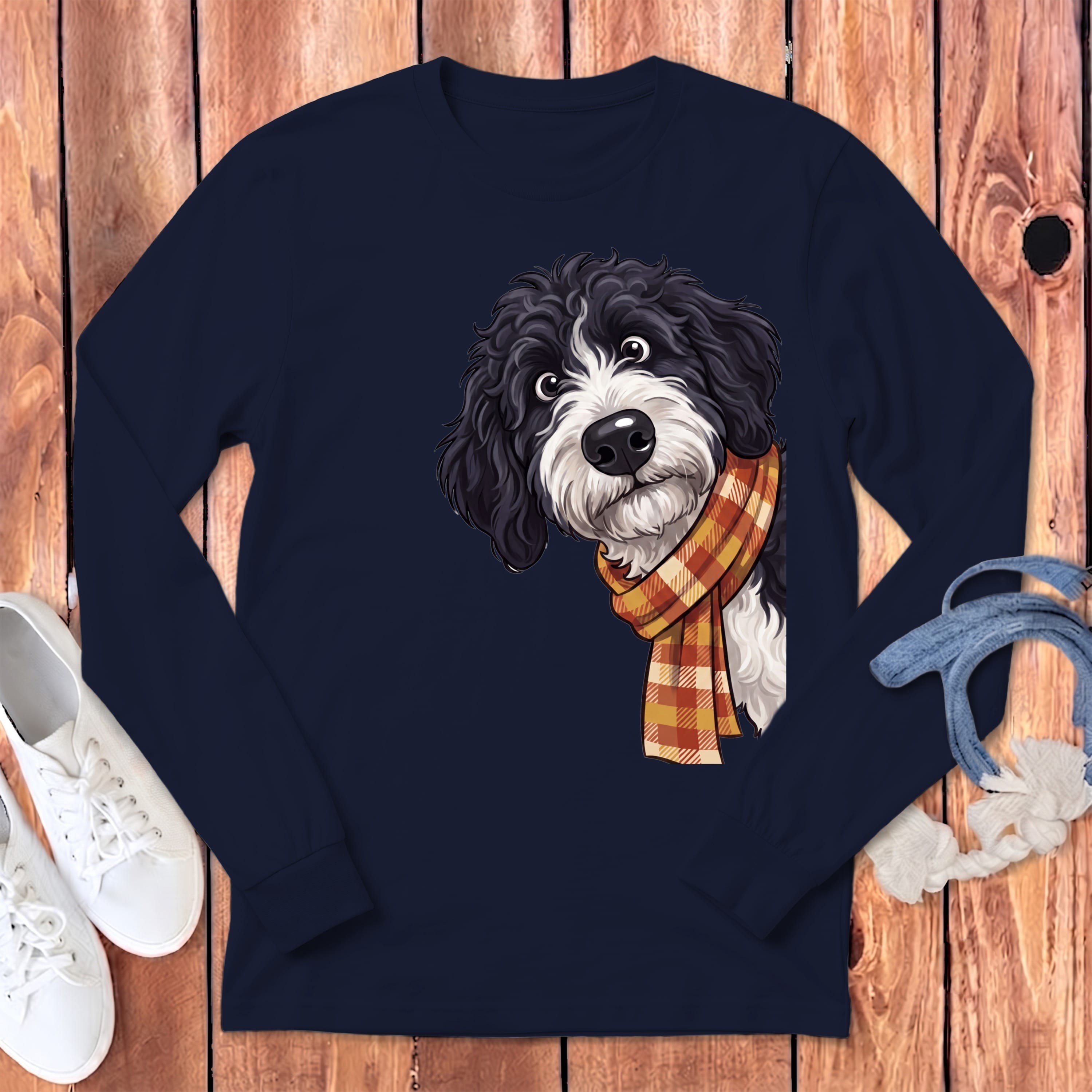 Fall Plaid Sheepadoodle Long Sleeve T-Shirt in S / Navy by Puppy Jo