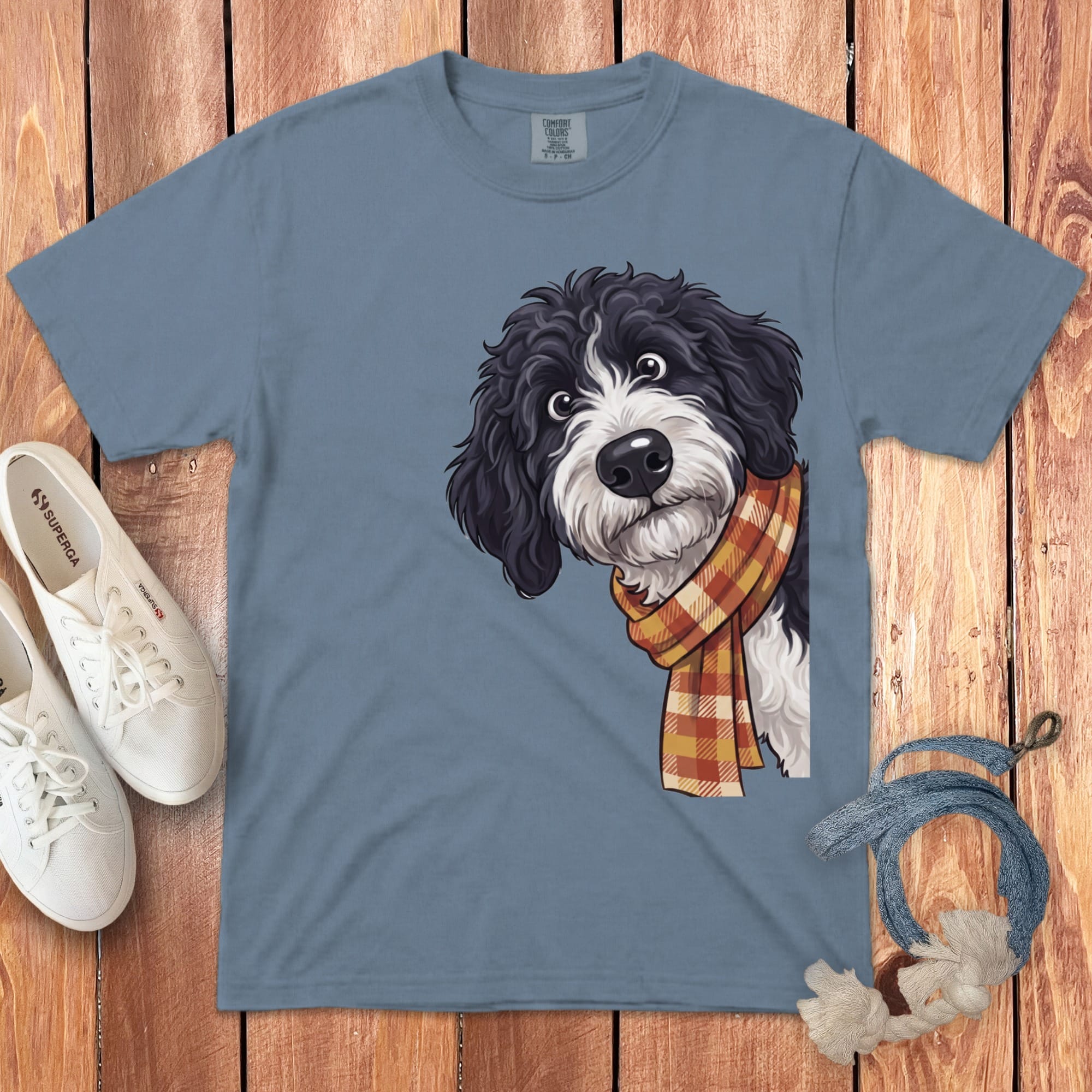 Fall Plaid Sheepadoodle Signature T-Shirt in Blue Jean / S / T-Shirts by Puppy Jo