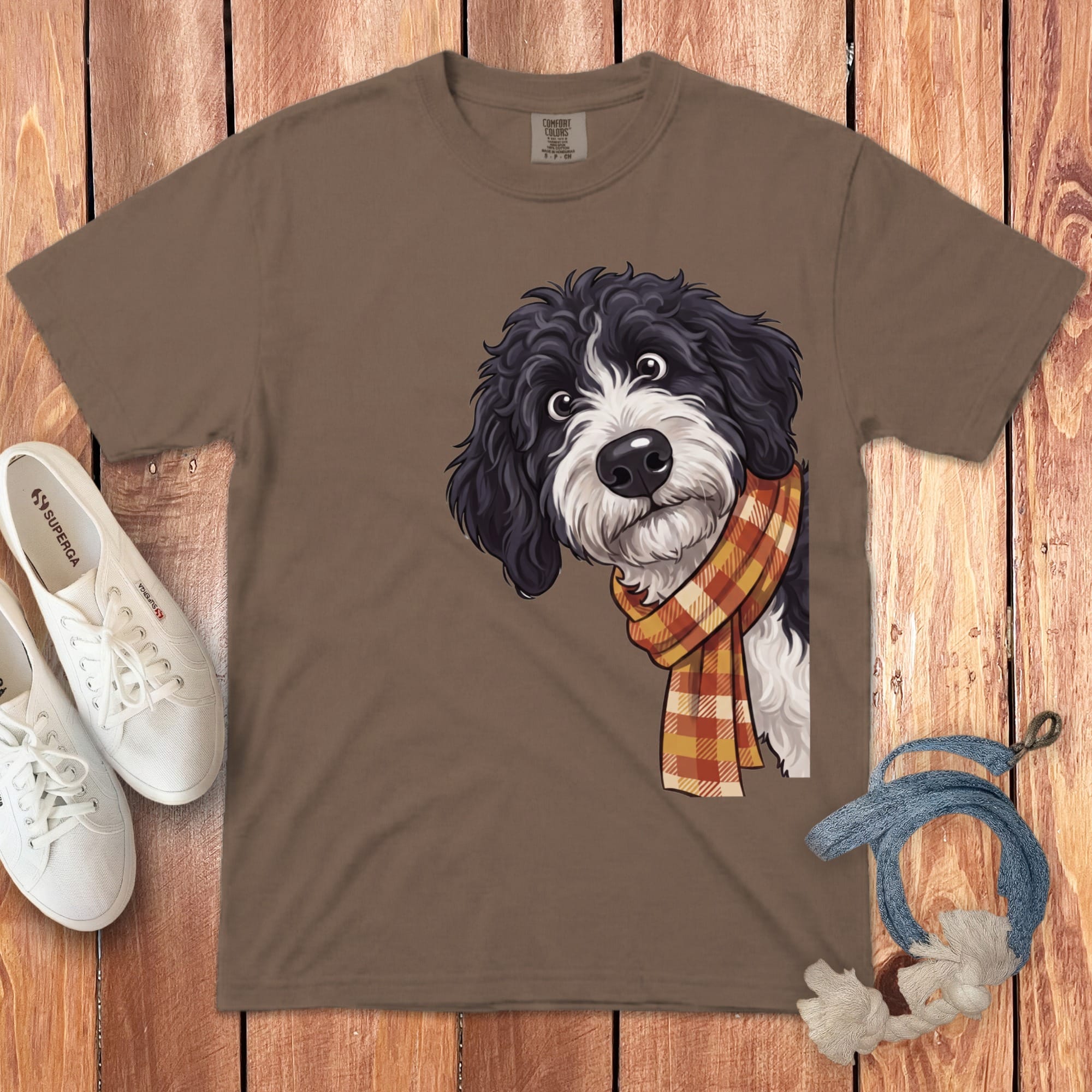 Fall Plaid Sheepadoodle Signature T-Shirt in Espresso / S / T-Shirts by Puppy Jo