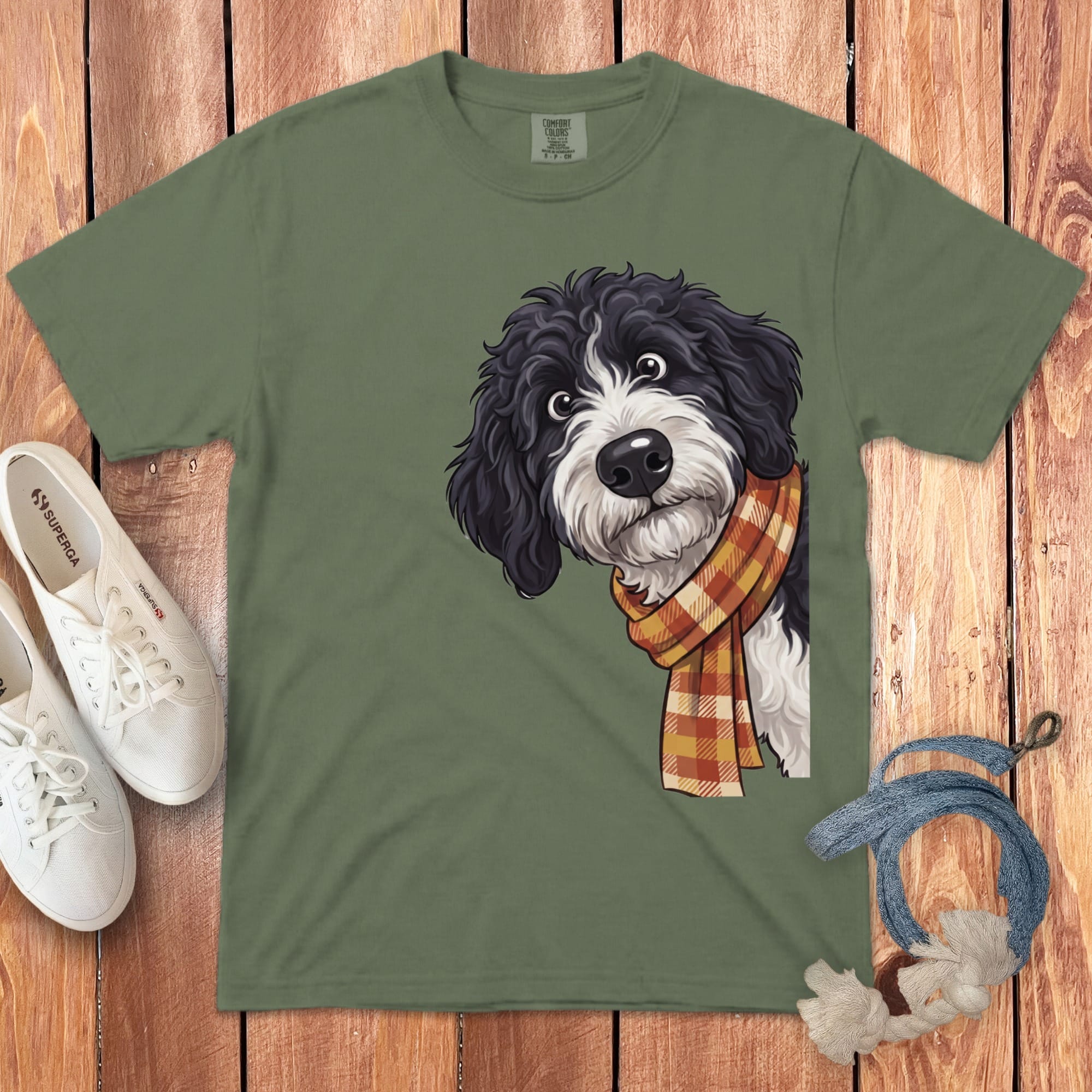 Fall Plaid Sheepadoodle Signature T-Shirt in Moss / S / T-Shirts by Puppy Jo
