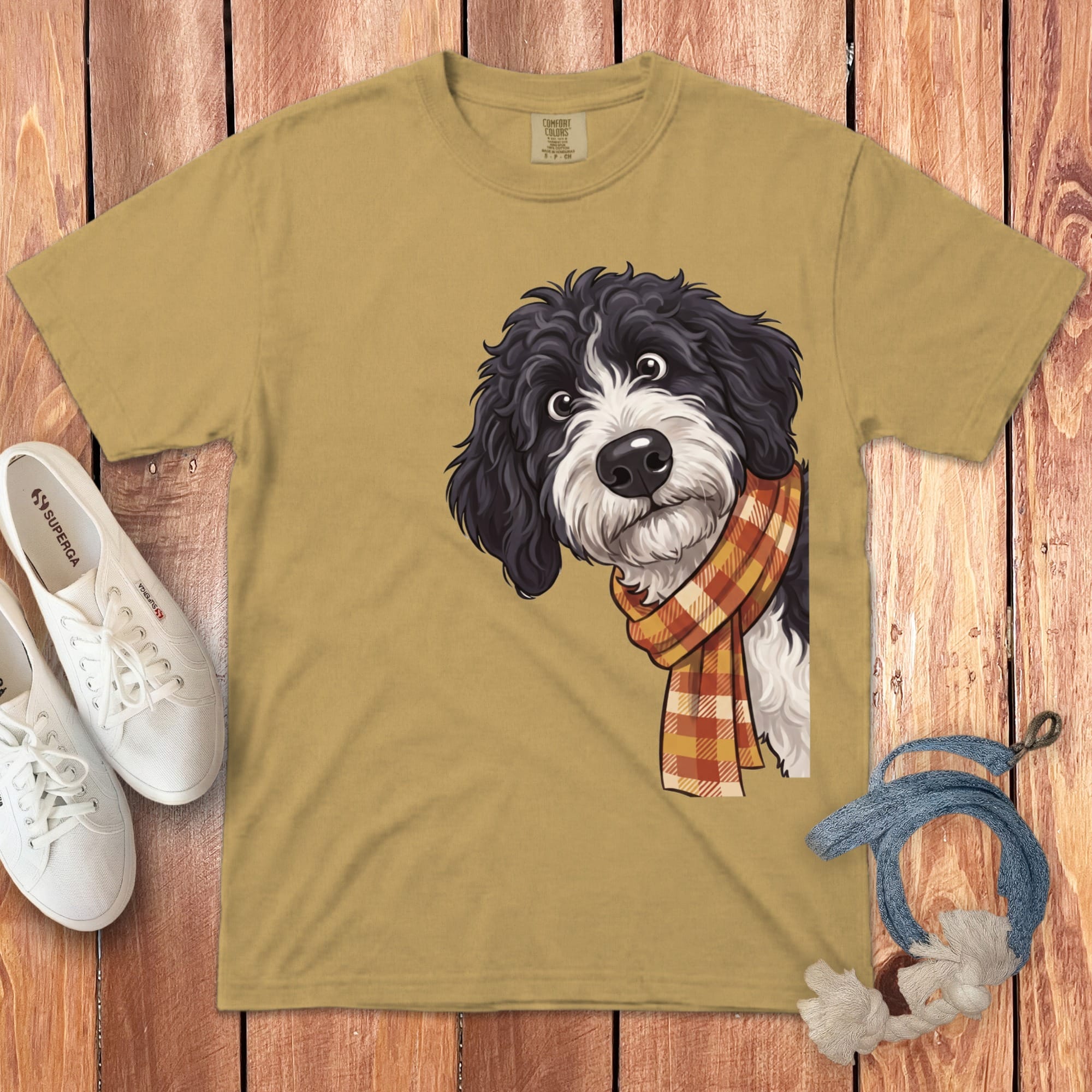 Fall Plaid Sheepadoodle Signature T-Shirt in Mustard / S / T-Shirts by Puppy Jo