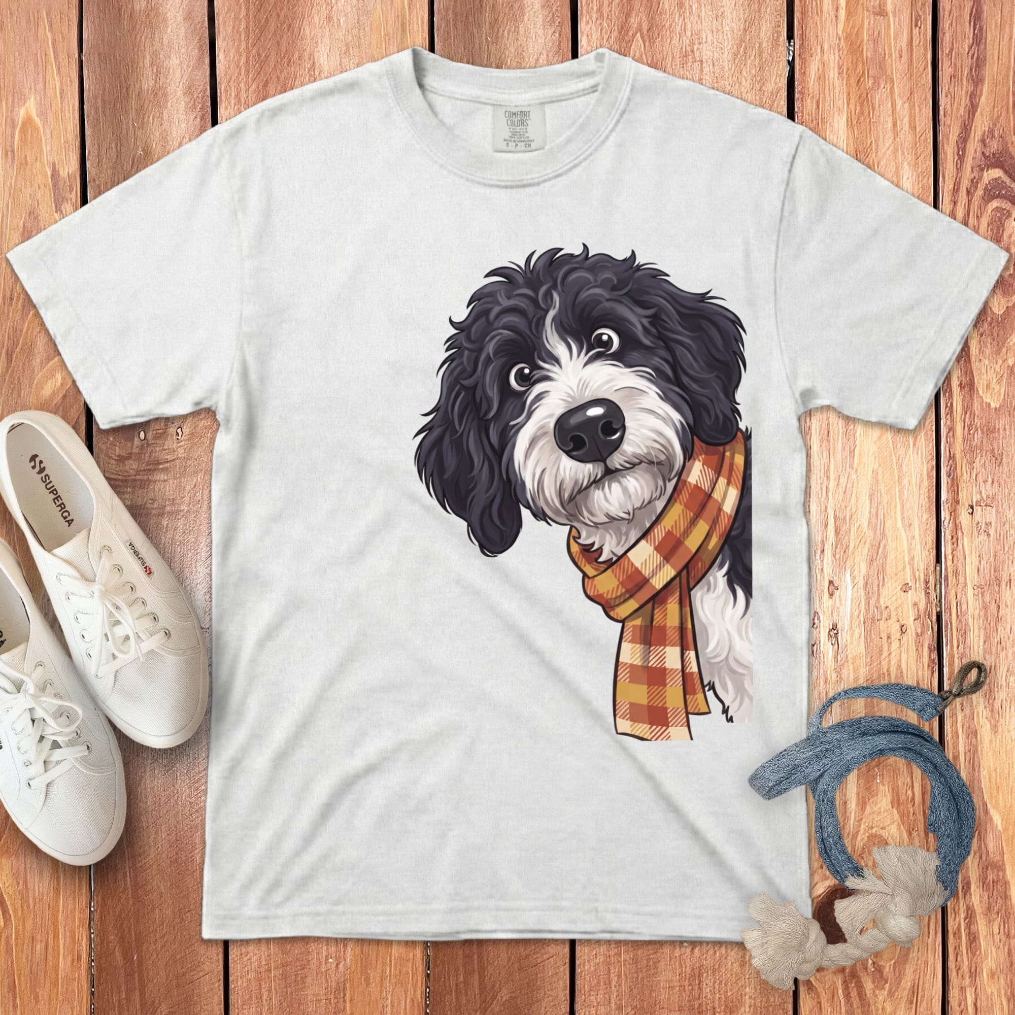 Fall Plaid Sheepadoodle Signature T-Shirt in White / S / T-Shirts by Puppy Jo