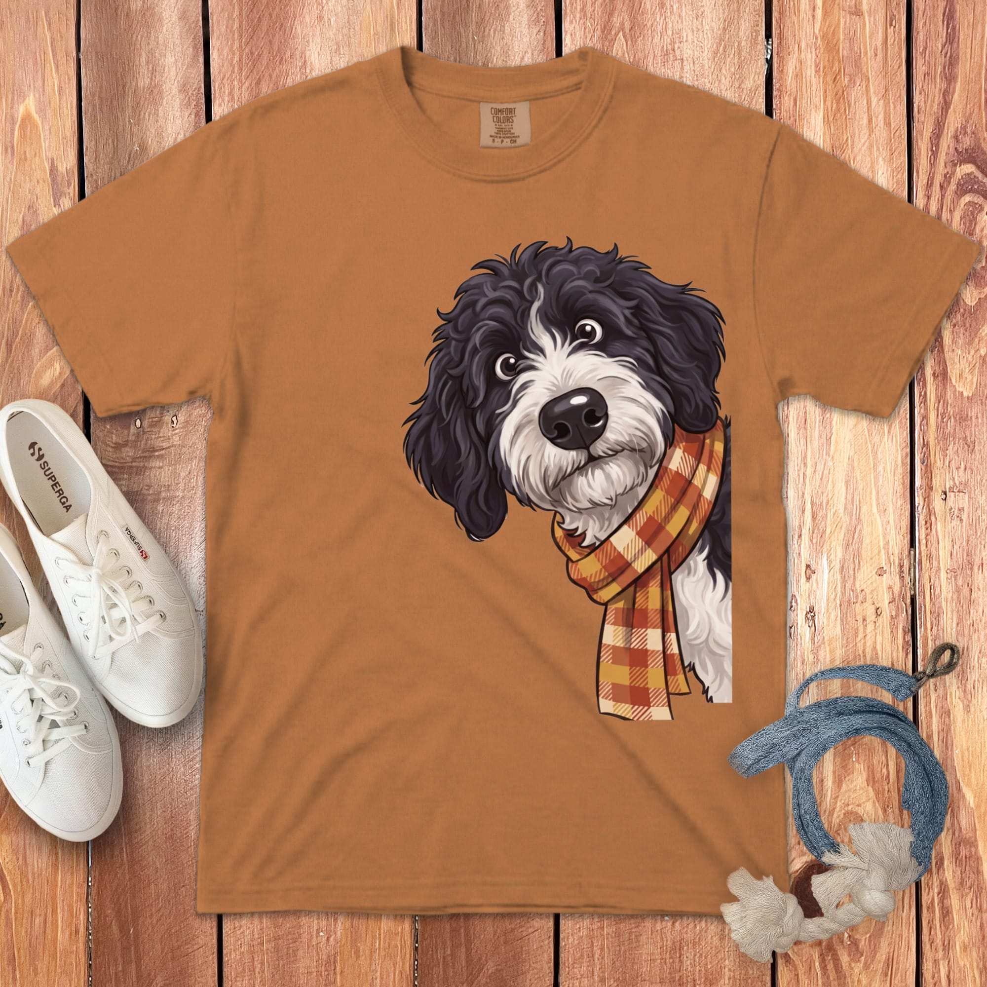 Fall Plaid Sheepadoodle Signature T-Shirt in Yam / S / T-Shirts by Puppy Jo