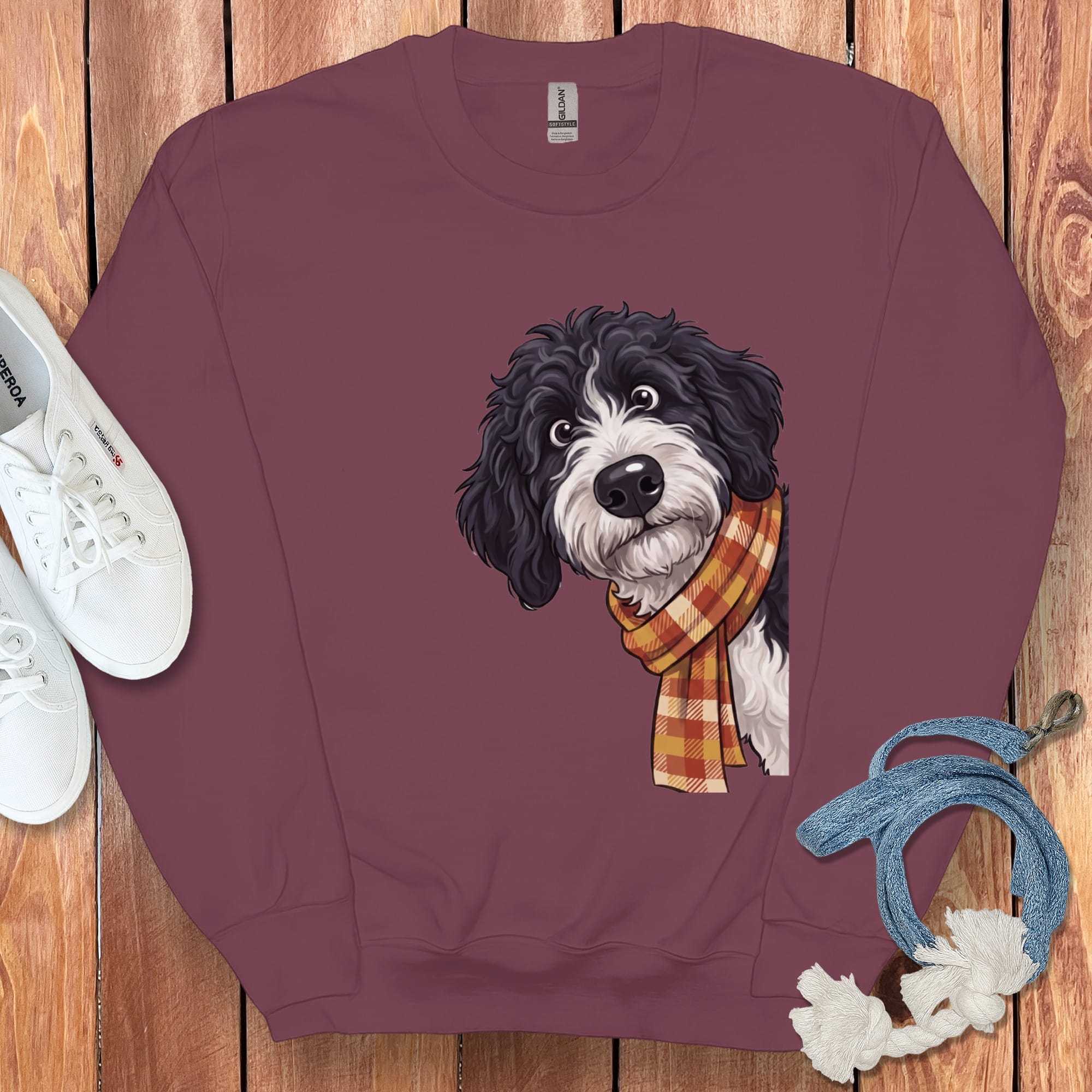 Fall Plaid Sheepadoodle Sweatshirt in Maroon / S by Puppy Jo