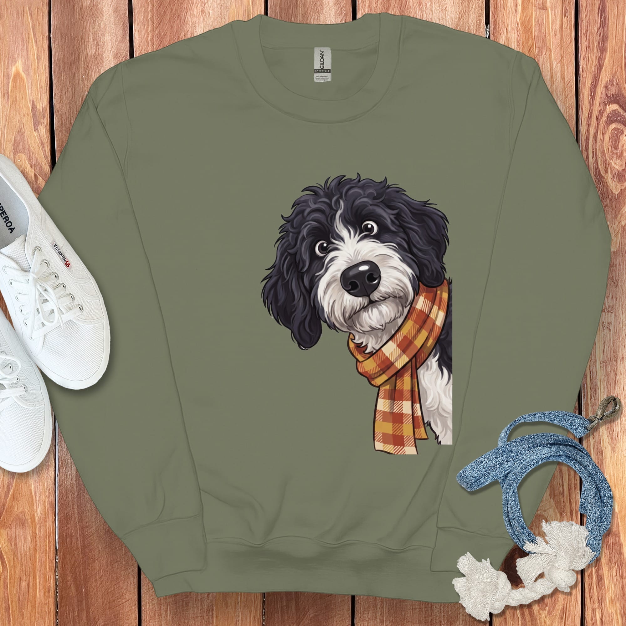 Fall Plaid Sheepadoodle Sweatshirt in Military Green / S by Puppy Jo
