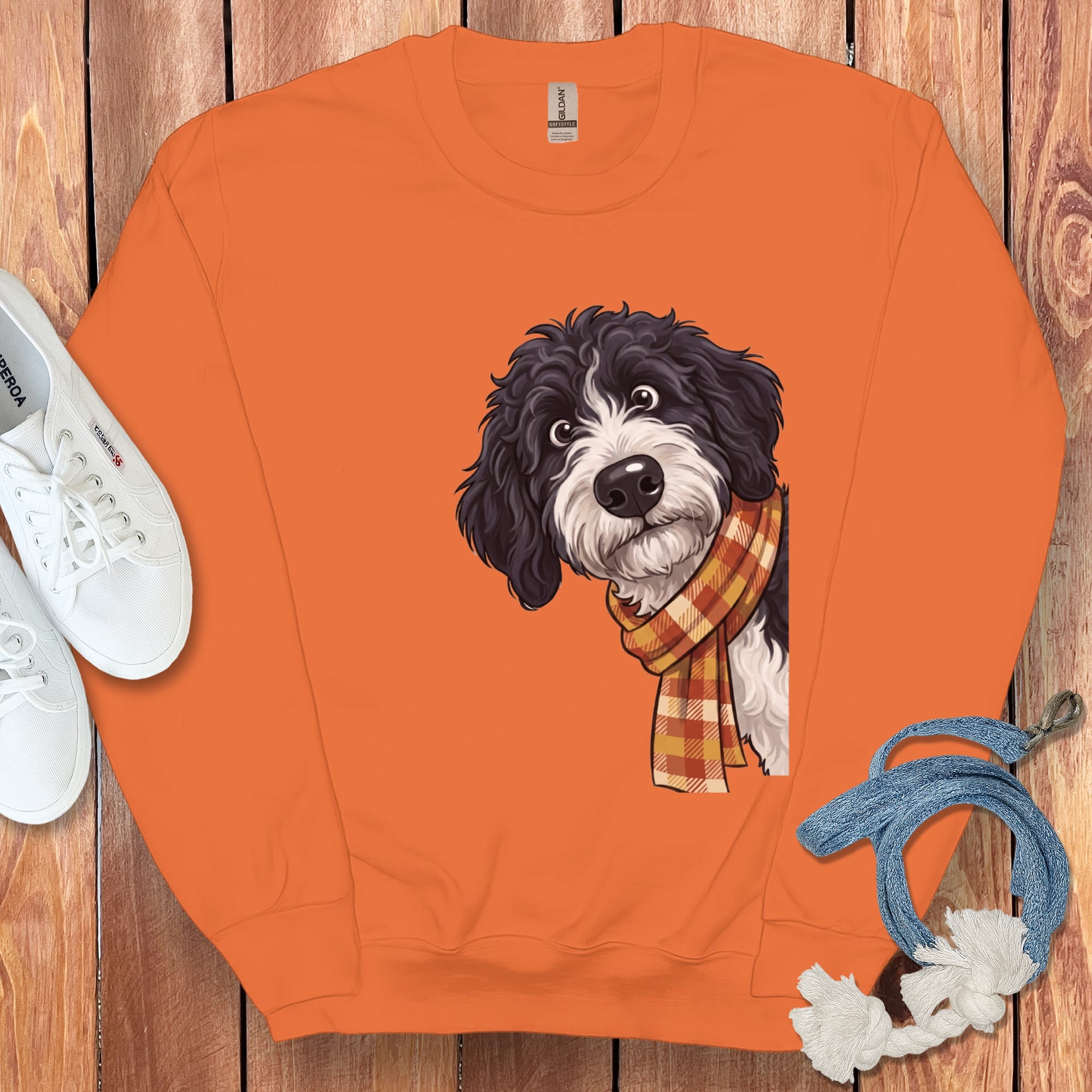 Fall Plaid Sheepadoodle Sweatshirt in Orange / M by Puppy Jo