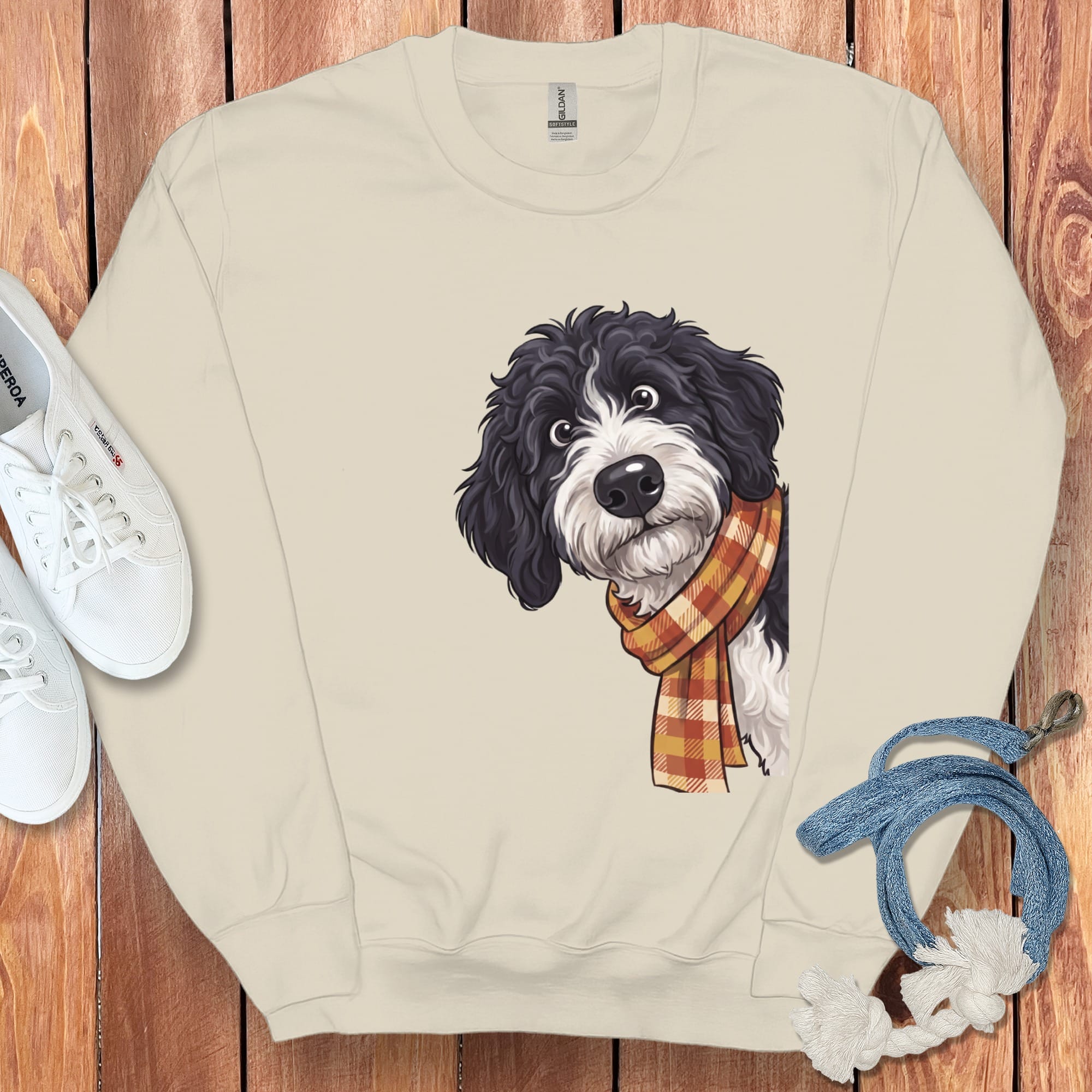 Fall Plaid Sheepadoodle Sweatshirt in Sand / S by Puppy Jo