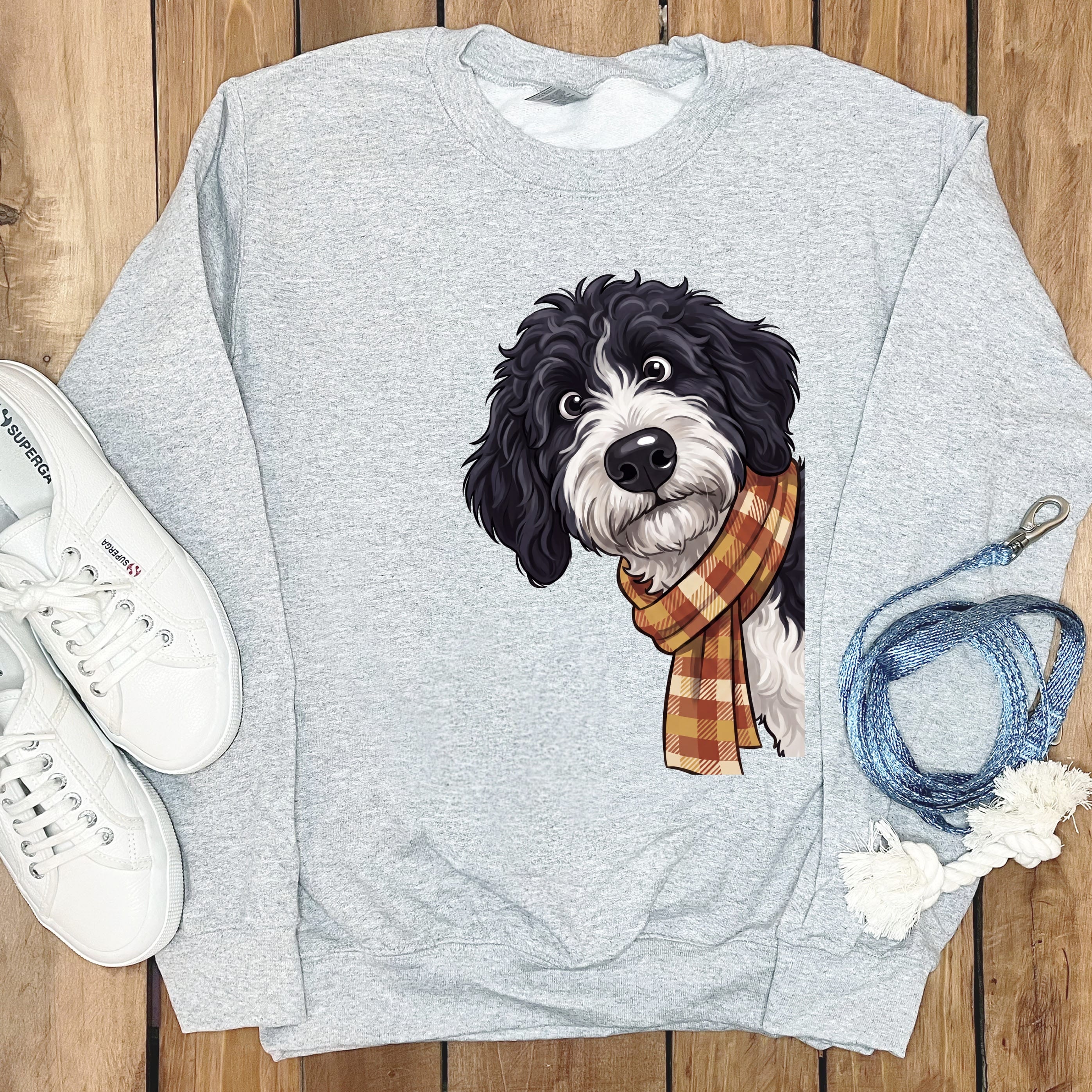 Fall Plaid Sheepadoodle Sweatshirt in Sport Grey / S by Puppy Jo