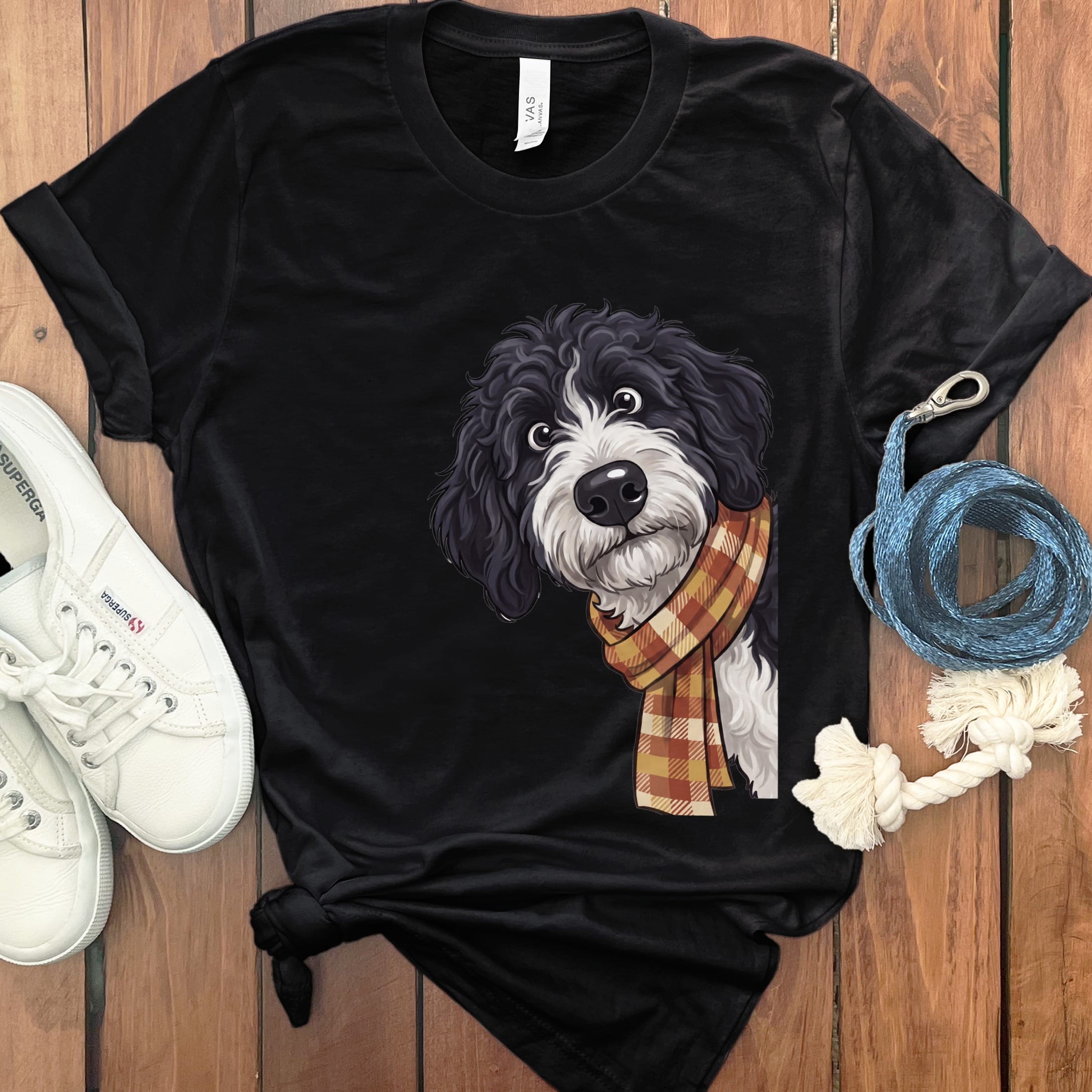 Fall Plaid Sheepadoodle T-Shirt in Black / S by Puppy Jo