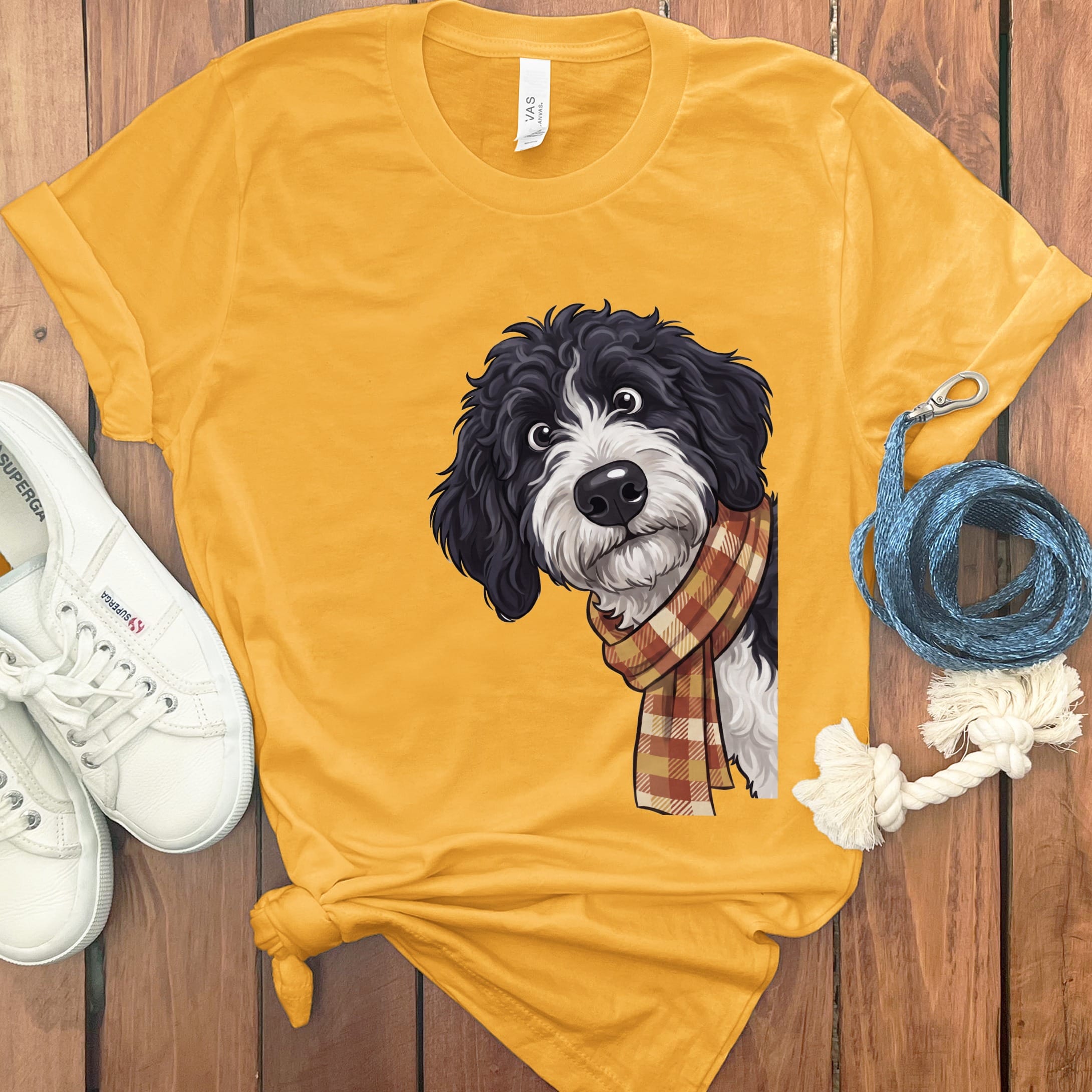 Fall Plaid Sheepadoodle T-Shirt in Gold / S by Puppy Jo